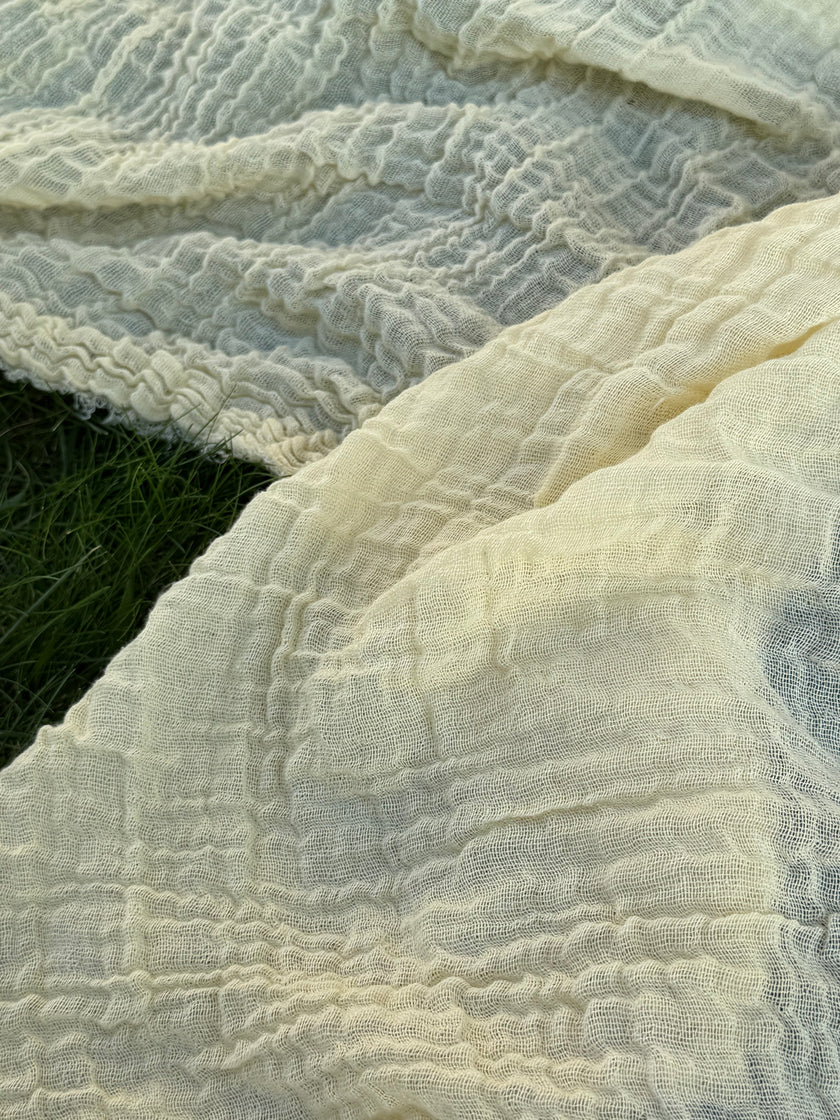 Stretchy Crinkle Cotton Fabric, Textured Surface, Black & Natural White & Butter Yellow