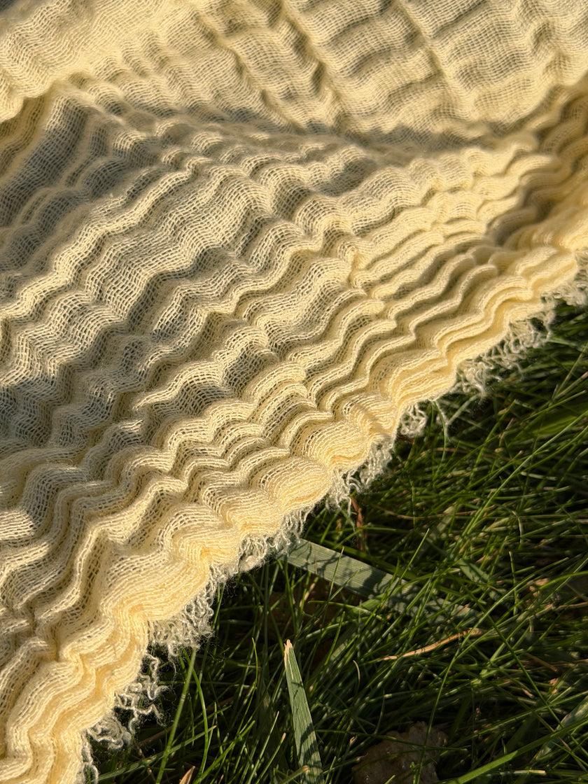 Stretchy Crinkle Cotton Fabric, Textured Surface, Black & Natural White & Butter Yellow