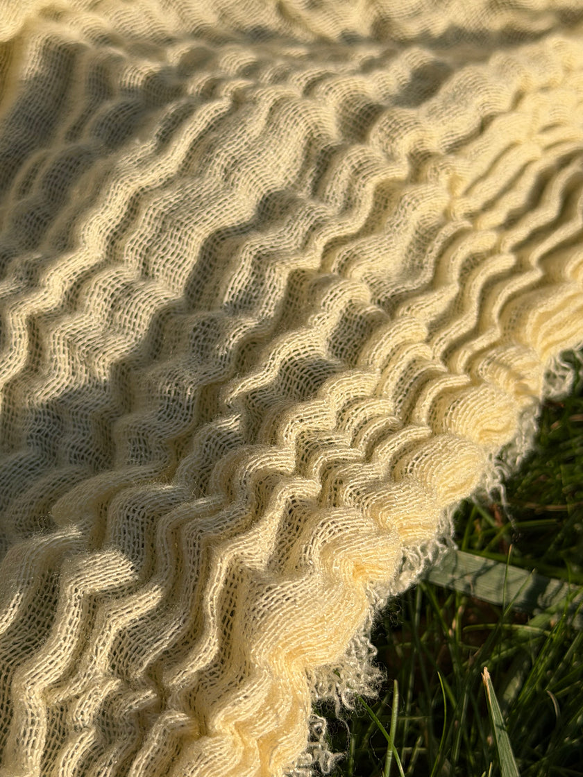 Stretchy Crinkle Cotton Fabric, Textured Surface, Black & Natural White & Butter Yellow