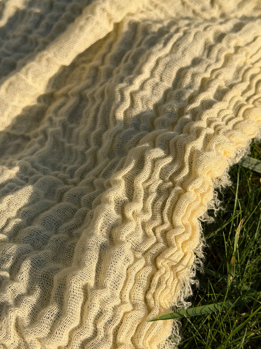 Stretchy Crinkle Cotton Fabric, Textured Surface, Black & Natural White & Butter Yellow
