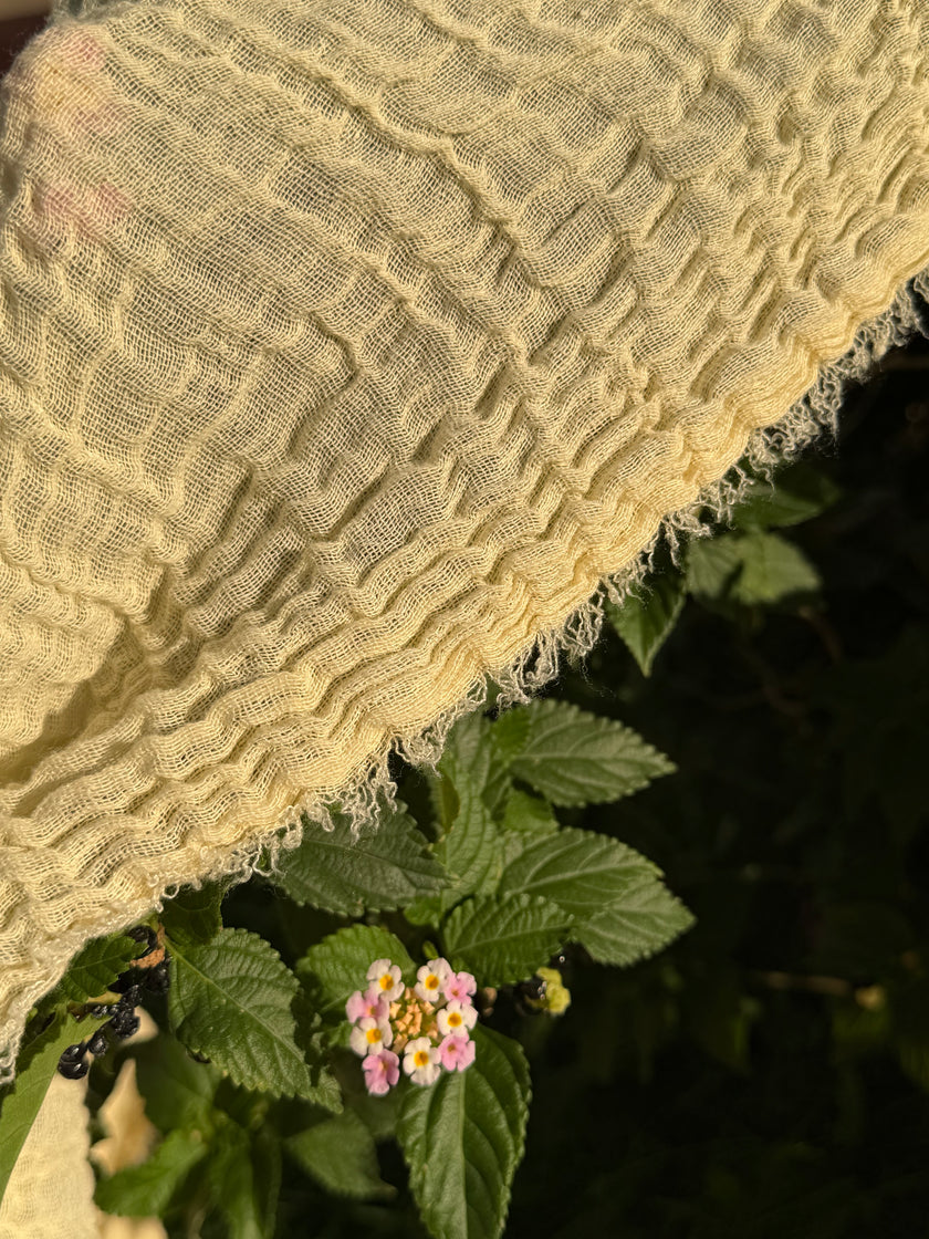 Stretchy Crinkle Cotton Fabric, Textured Surface, Black & Natural White & Butter Yellow