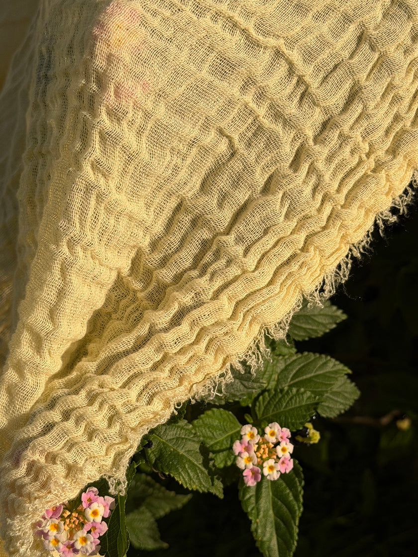 Stretchy Crinkle Cotton Fabric, Textured Surface, Black & Natural White & Butter Yellow