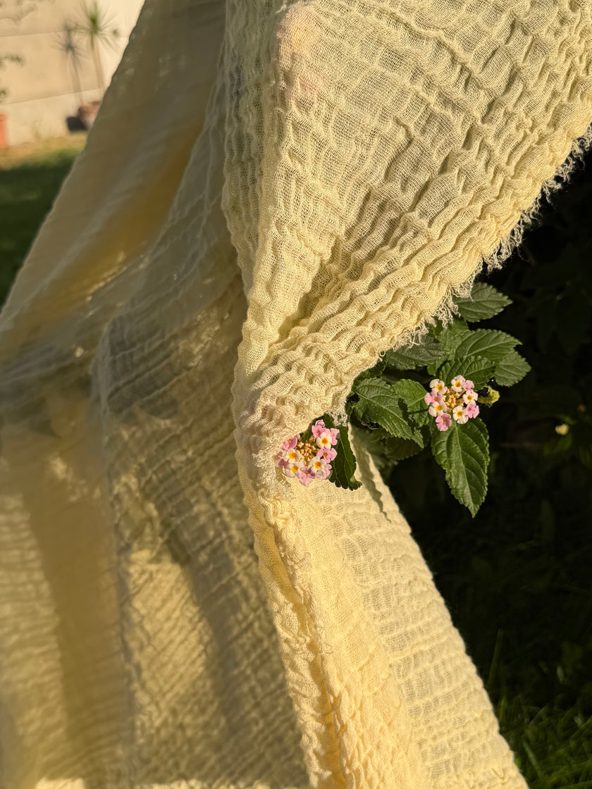 Stretchy Crinkle Cotton Fabric, Textured Surface, Black & Natural White & Butter Yellow