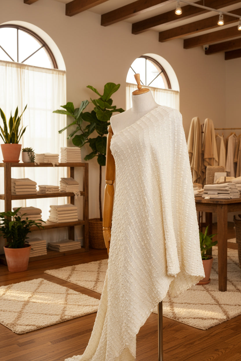 Nötr Dokulu Pamuklu Esnek Buruşuk Kumaş: Kimono Yaz Etekleri Yenidoğan Kıyafetleri İçin Benzersiz Kalite | Esnek Seçenekler, El Dokuması.