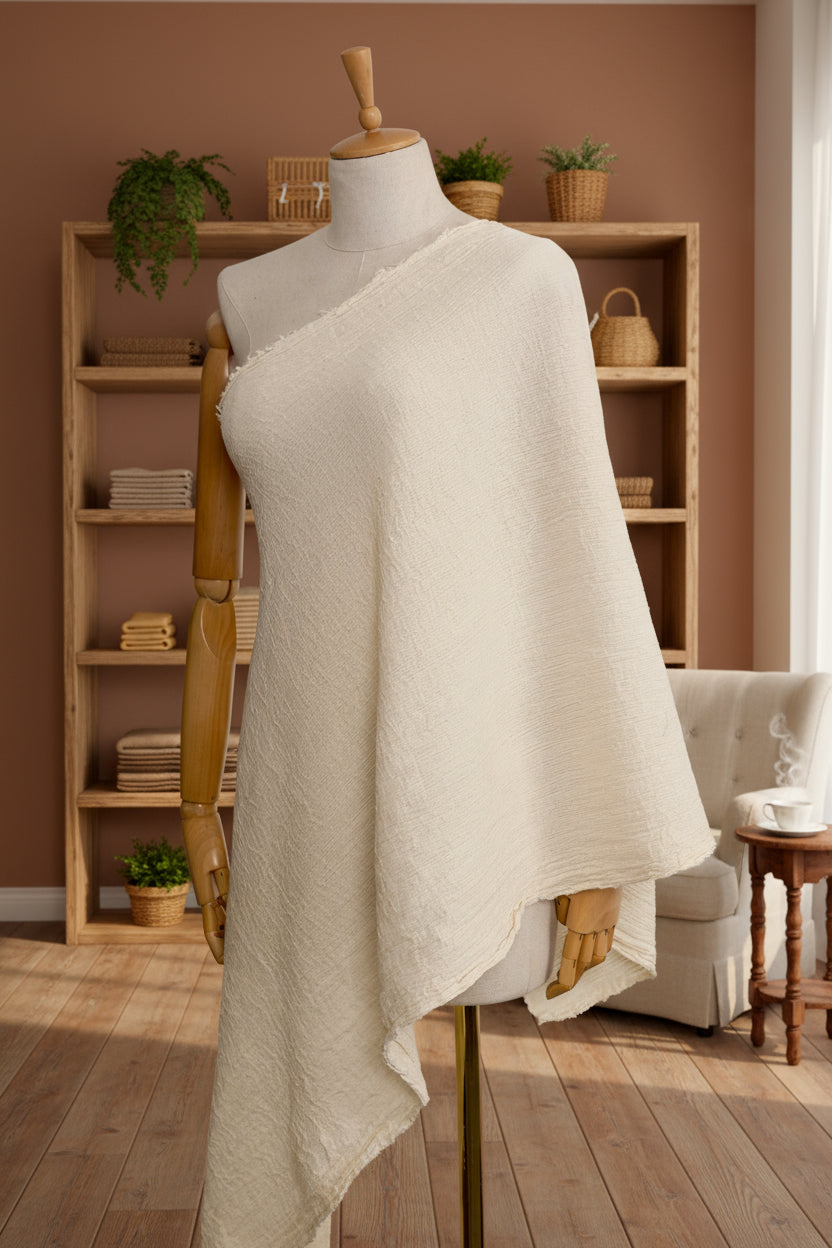 Neutral Stretchy Crinkle Cotton Fabric, Textured Surface,Off White Ivory Cotton Fabric, Light Weight.