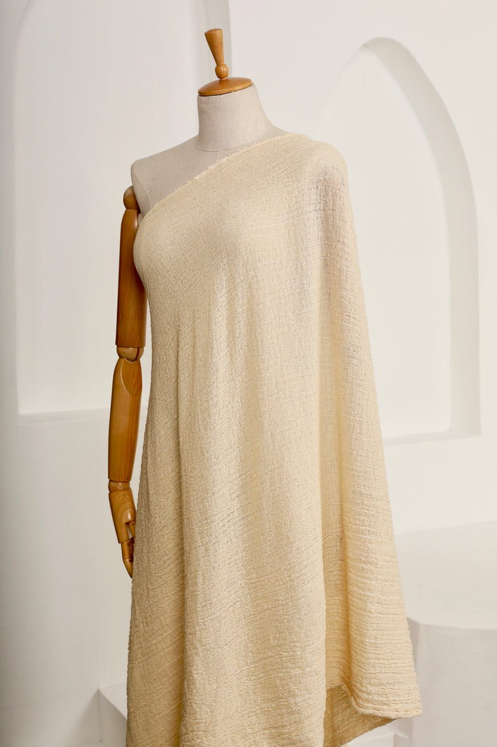 Neutral Stretchy Crinkle Cotton Fabric, Textured Surface,Off White Ivory Cotton.