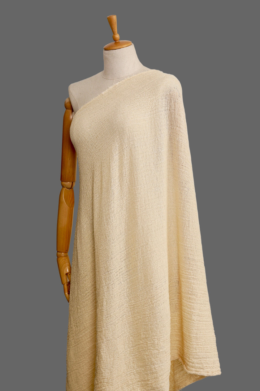 Nötr Esnek Buruşuk Pamuklu Kumaş, Dokulu Yüzey, Kırık Beyaz Fildişi Pamuklu Kumaş, Örme Görünüm.