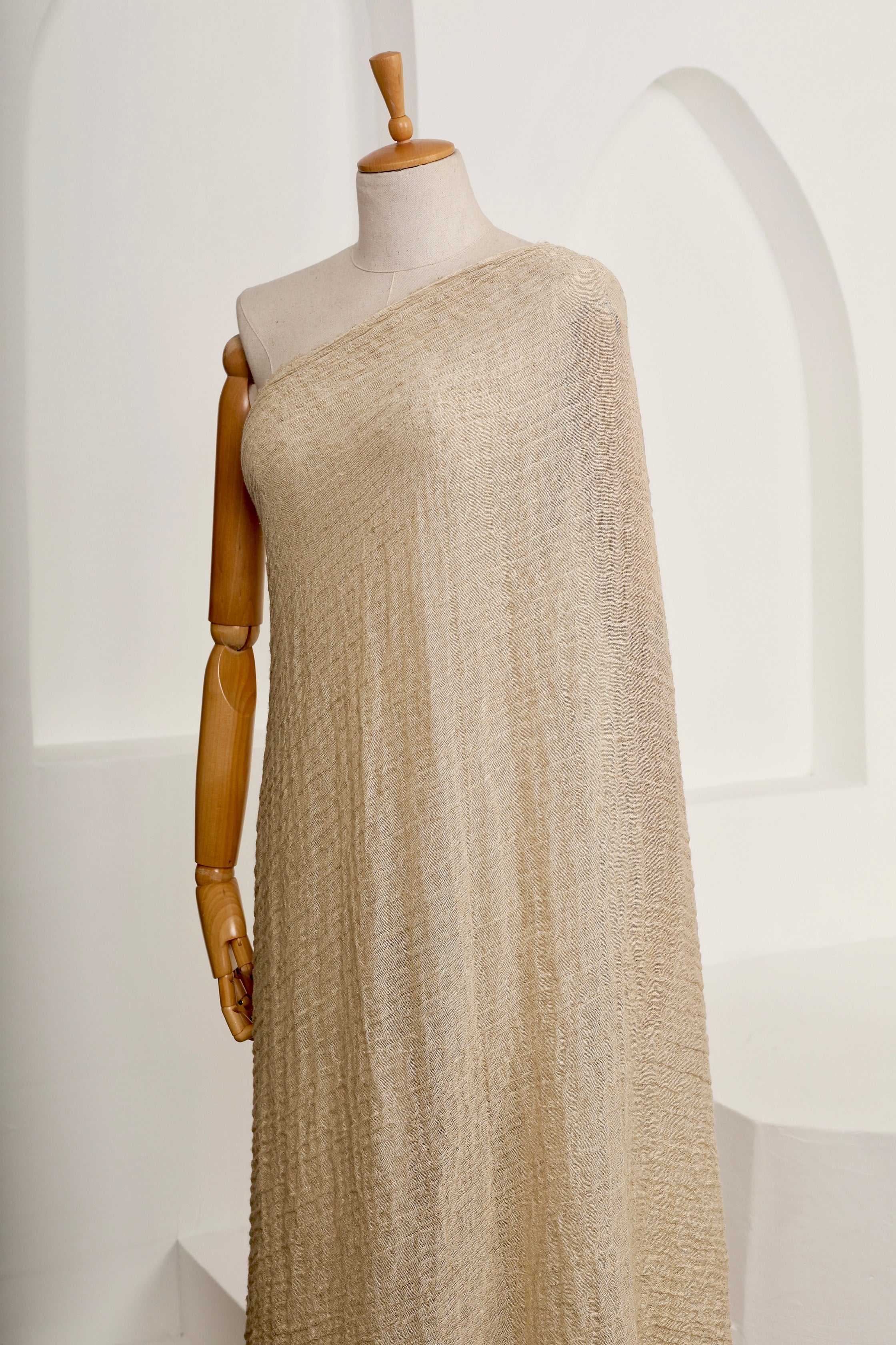 Neutral Stretchy Crinkle Linen Fabric, Textured Surface.