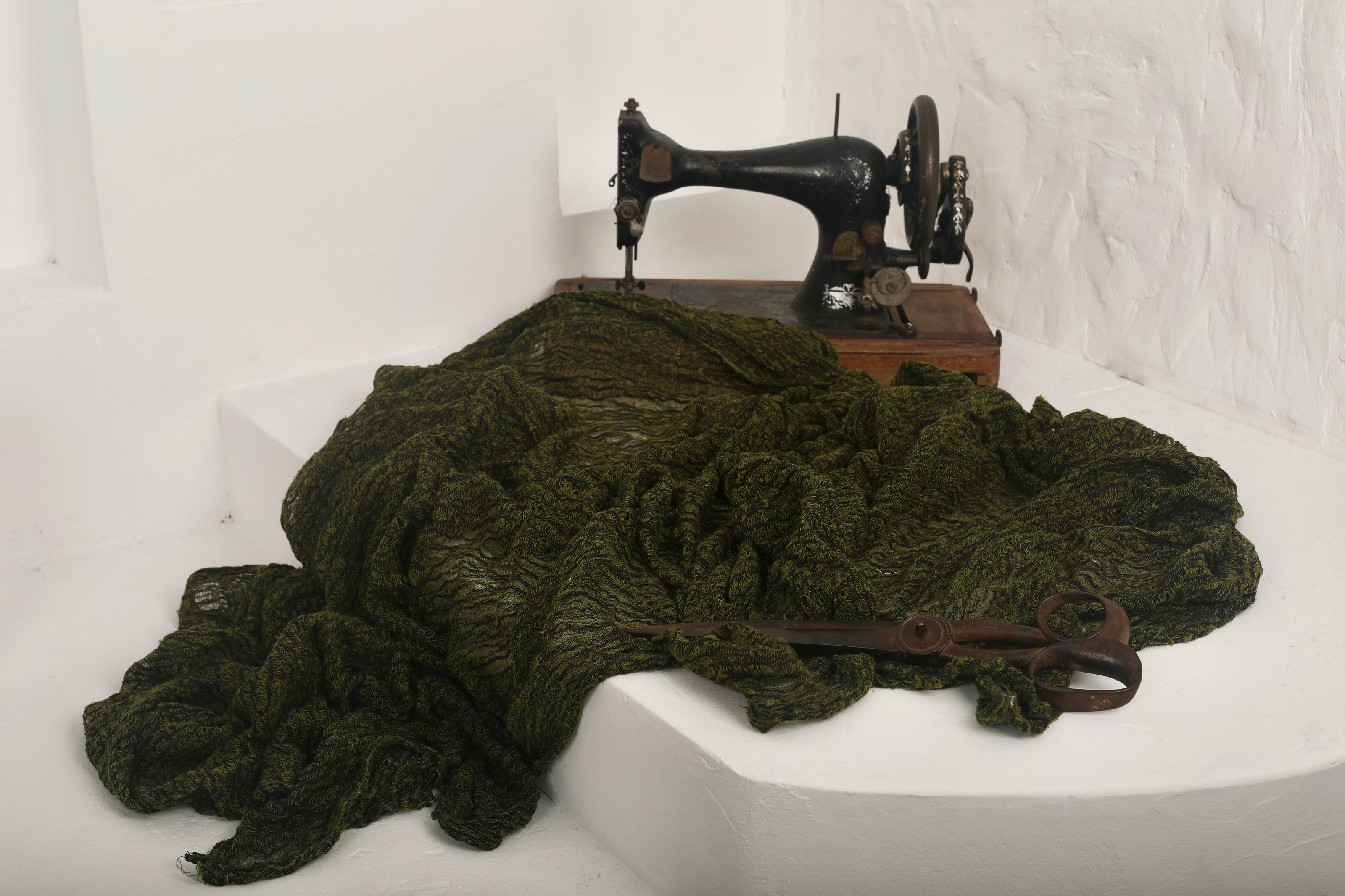 Green Linen Fabric By The Yard Textured Handloom Semi-Sheer Natural Fabrics.