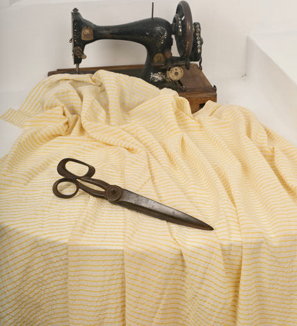 Yellow Striped Organic Cotton Fabric By The Meter, Crinkle Fabric With Pin Stripes.
