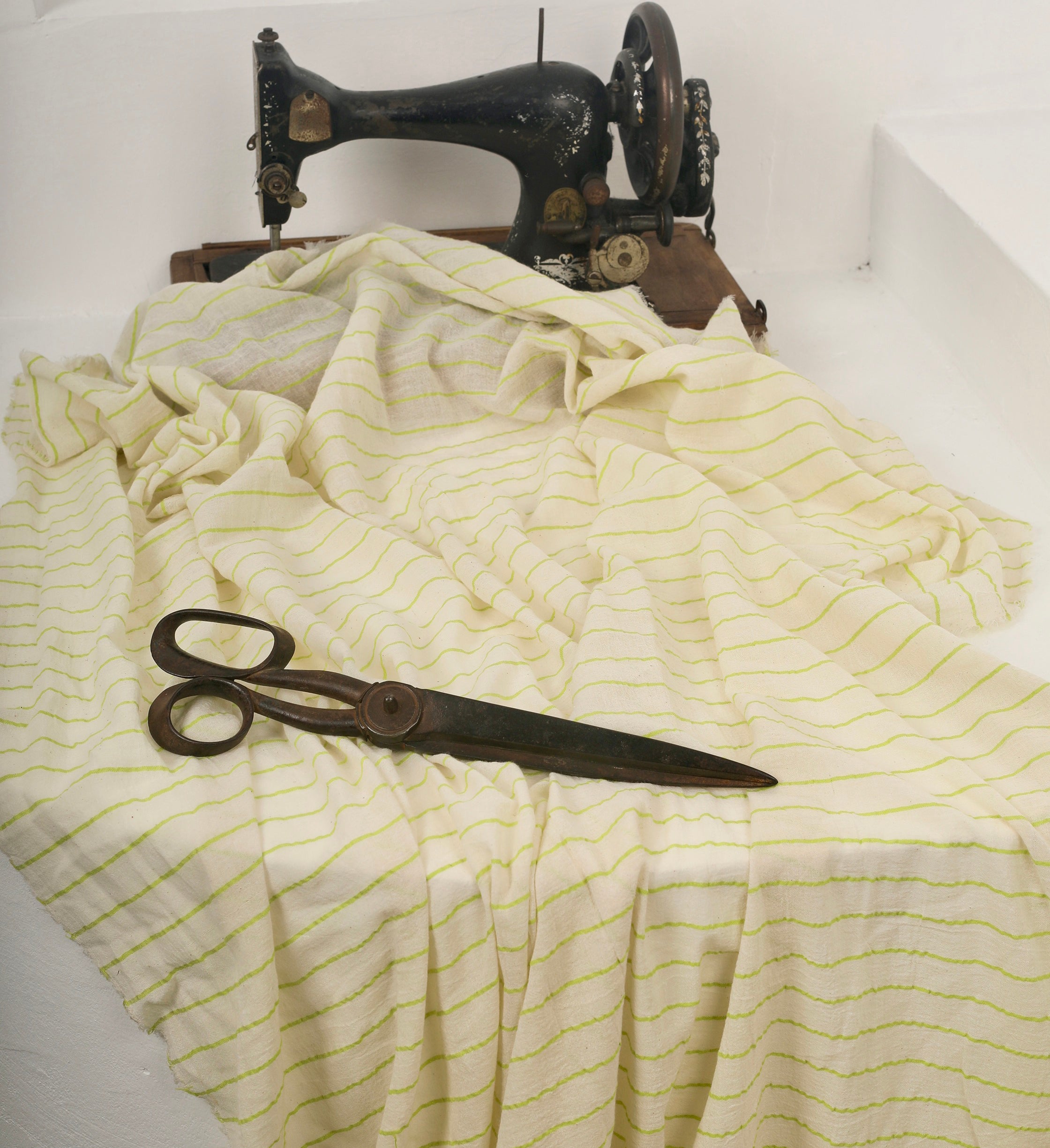 Green Striped Neutral Organic Cotton Fabric By The Meter.