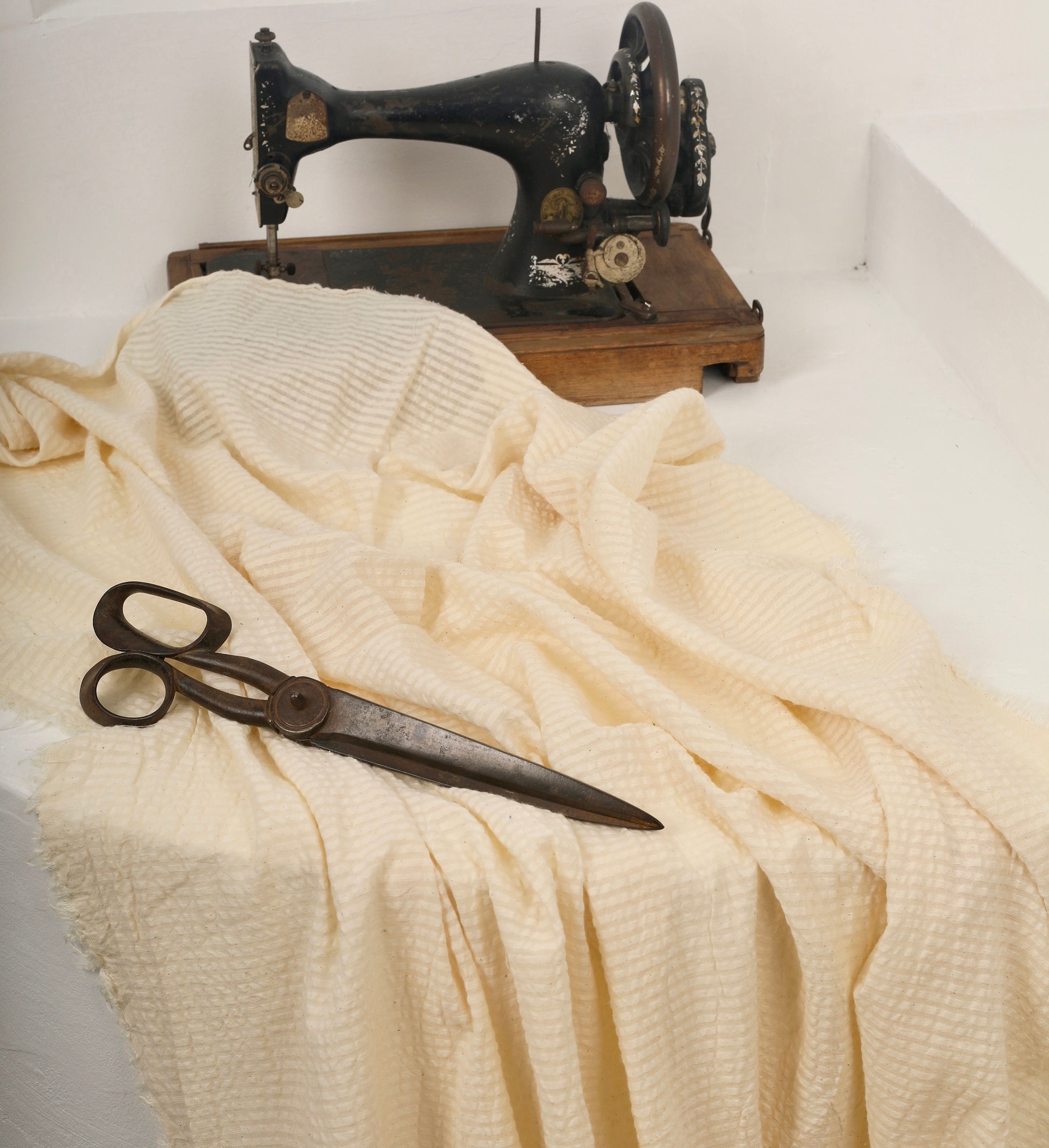 Ecru Cotton Linen Fabric By The Meter, Neutral Undyed Pin Stripes.