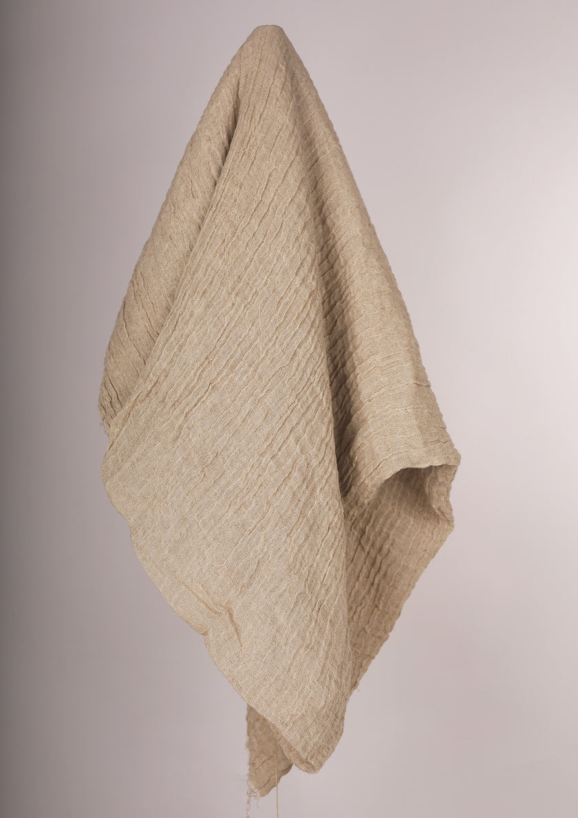 Neutral Stretchy Crinkle Linen Fabric, Textured Surface.
