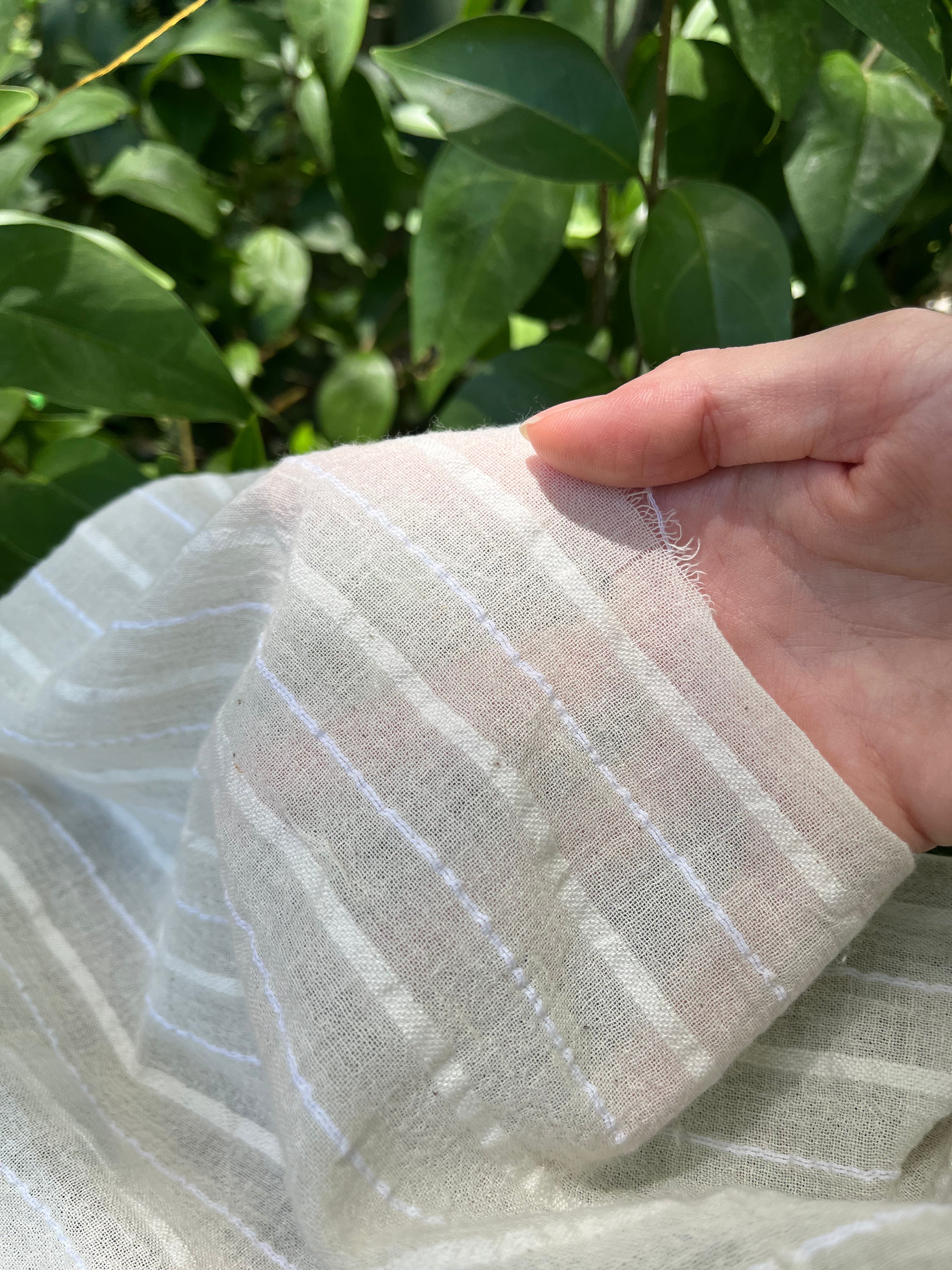 White Pin Striped Neutral Organic Cotton Fabric By The Meter.