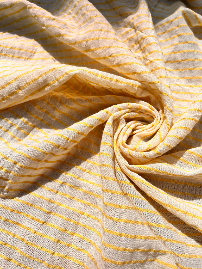 Metre ile Sarı Çizgili Nötr Organik Pamuklu Kumaş, Çizgili Buruşuk Kumaş, Geniş En.