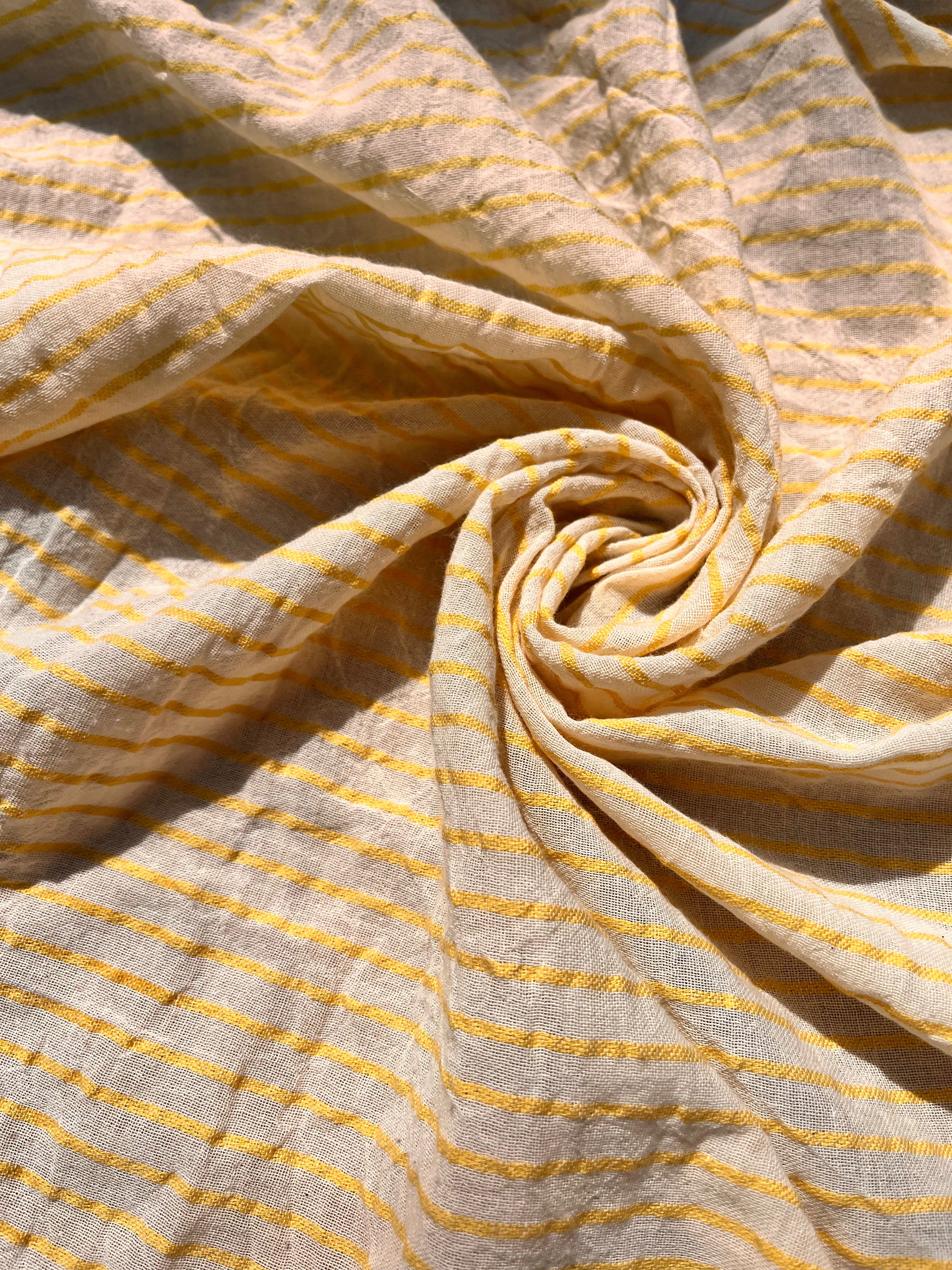 Yellow Striped Organic Cotton Fabric By The Meter, Crinkle Fabric With Pin Stripes.