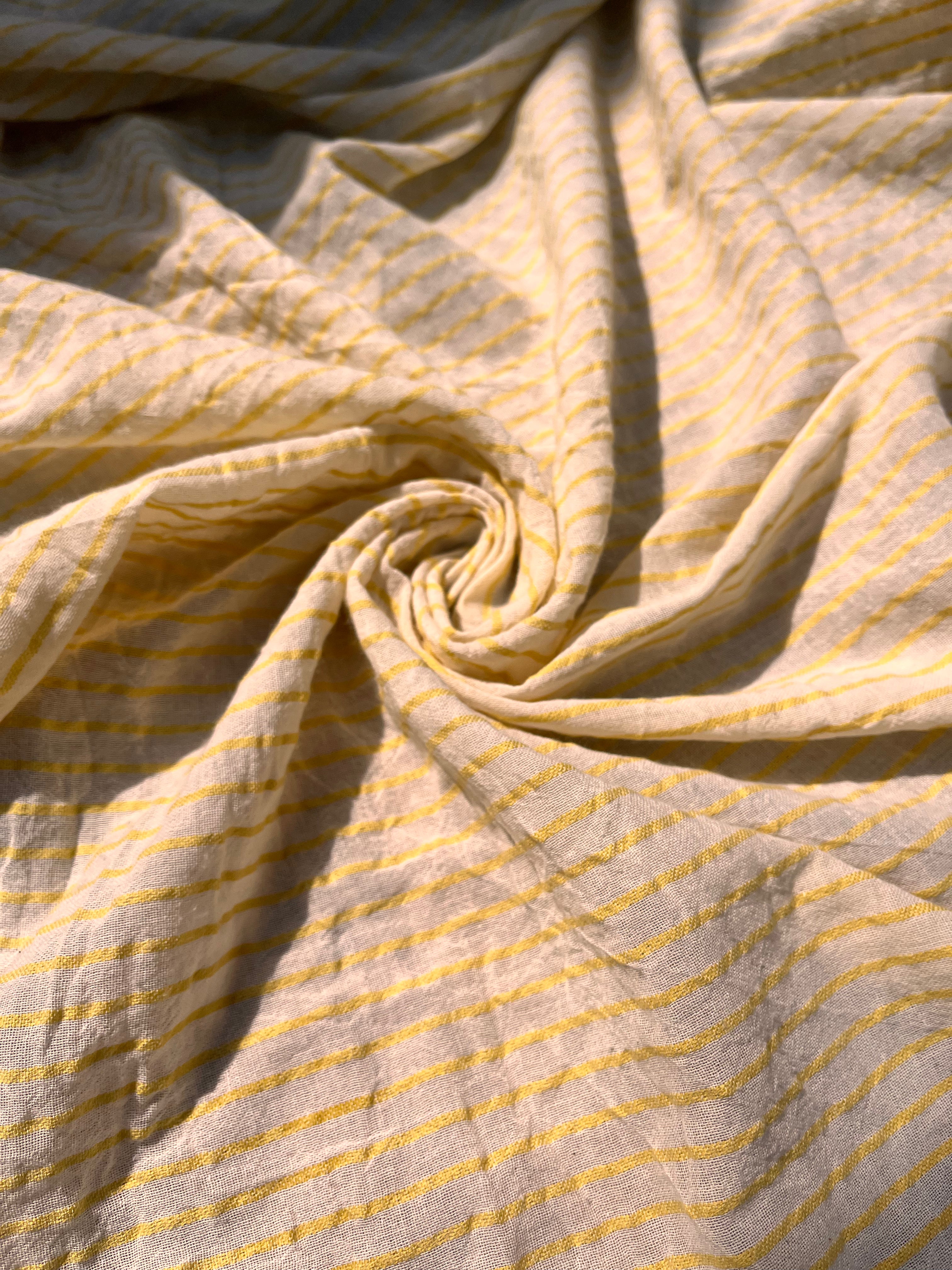 Yellow Striped Organic Cotton Fabric By The Meter, Crinkle Fabric With Pin Stripes.