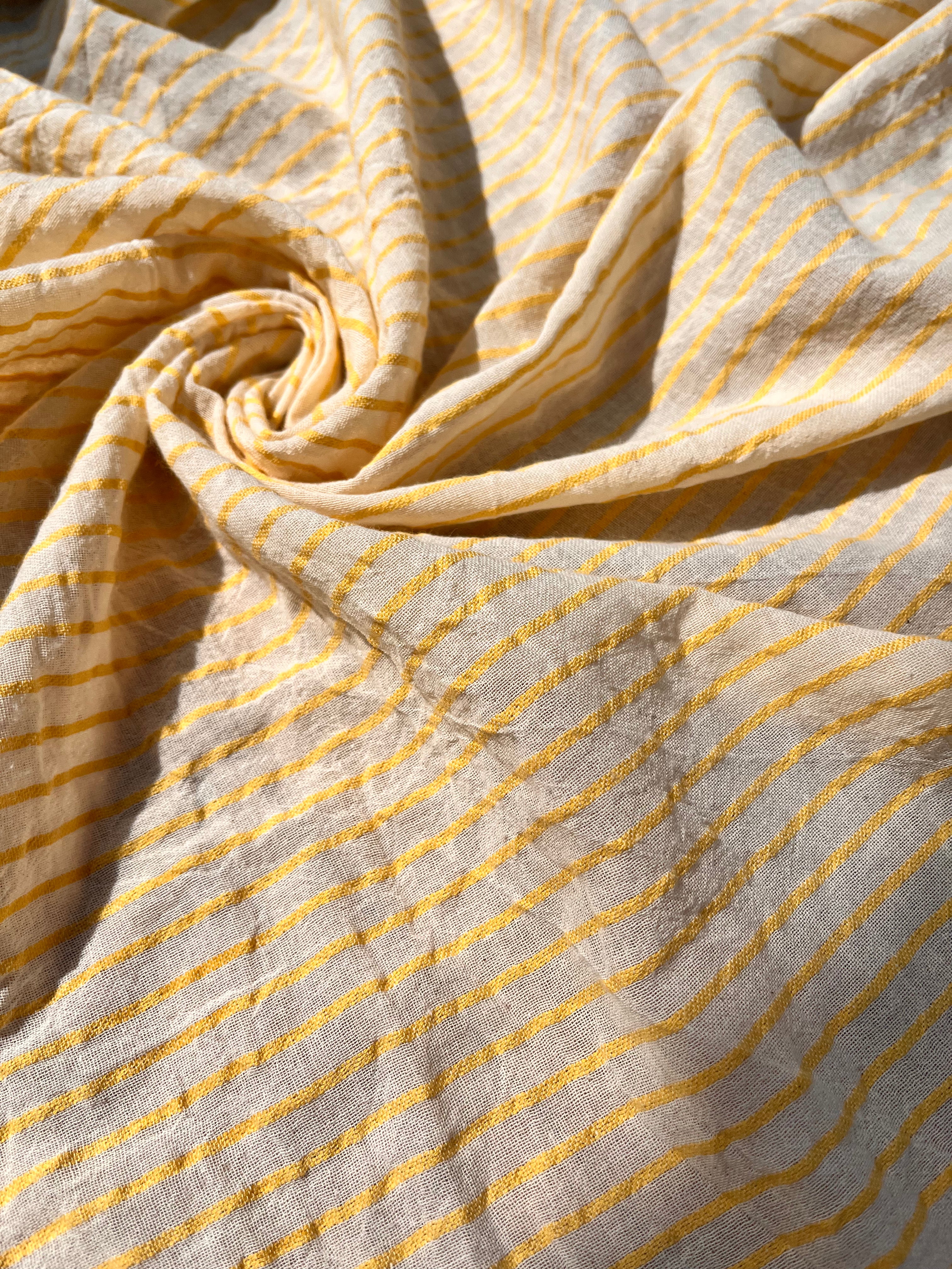 Yellow Striped Organic Cotton Fabric By The Meter, Crinkle Fabric With Pin Stripes.