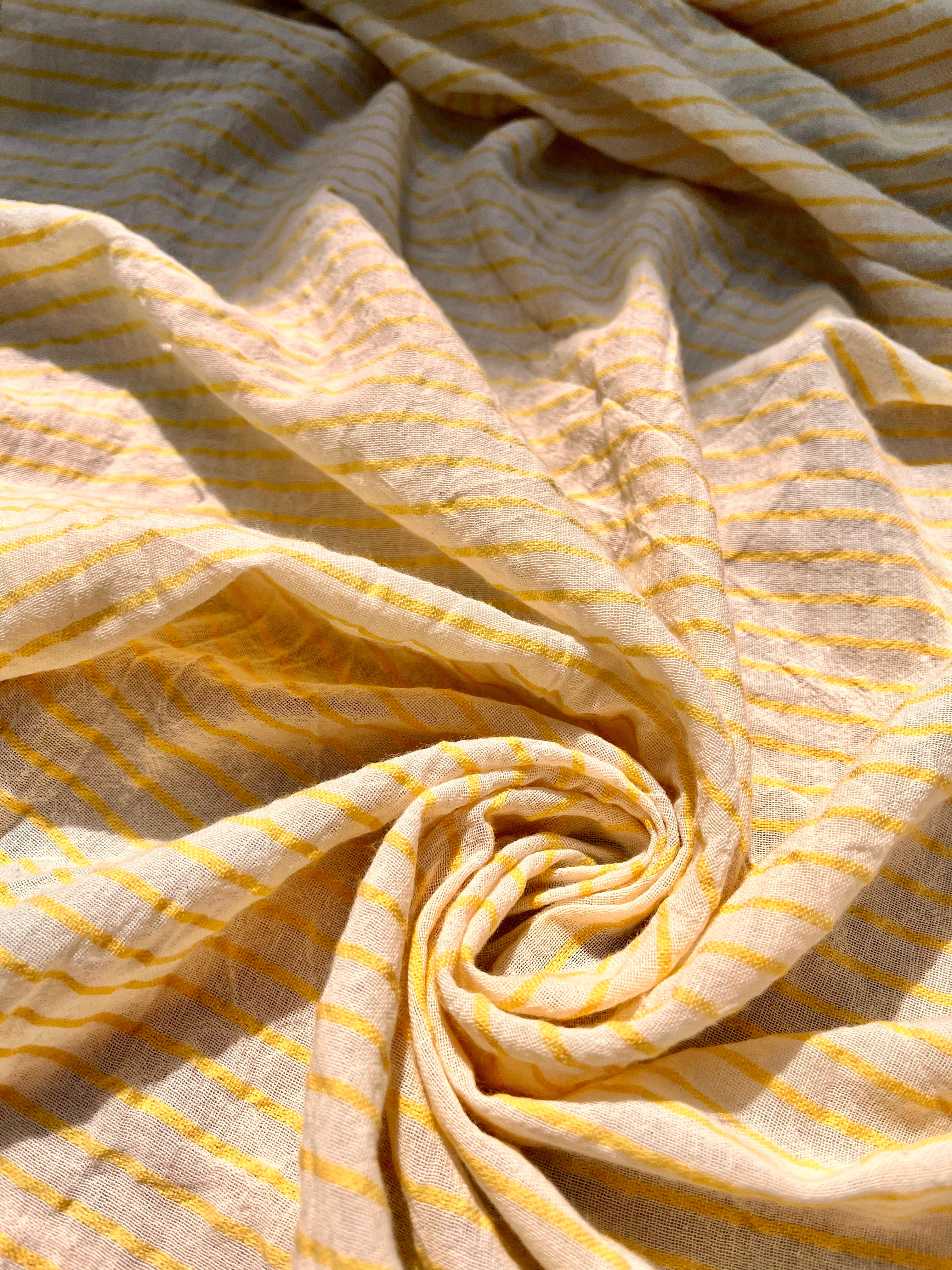 Yellow Striped Organic Cotton Fabric By The Meter, Crinkle Fabric With Pin Stripes.