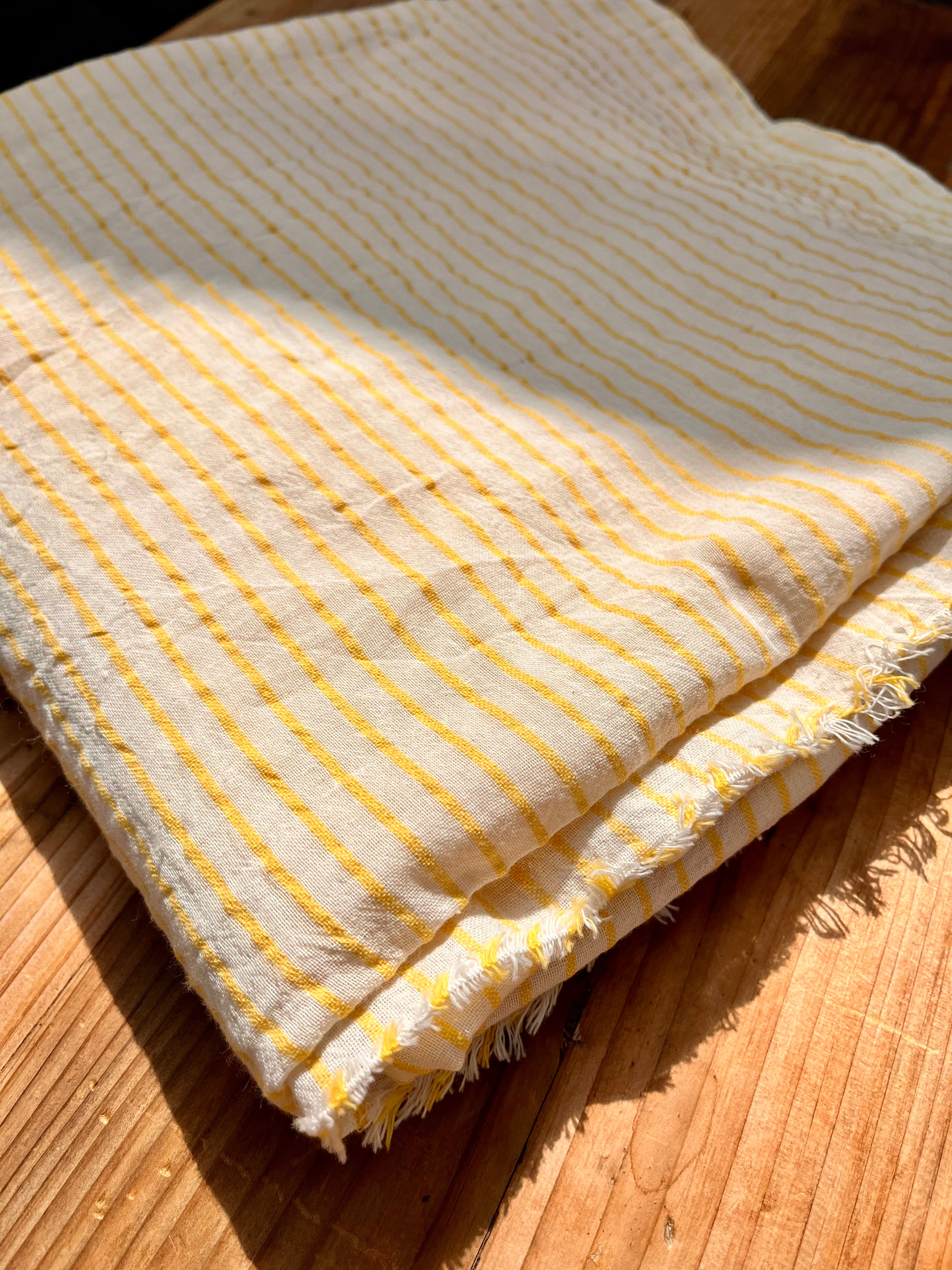 Yellow Striped Organic Cotton Fabric By The Meter, Crinkle Fabric With Pin Stripes.