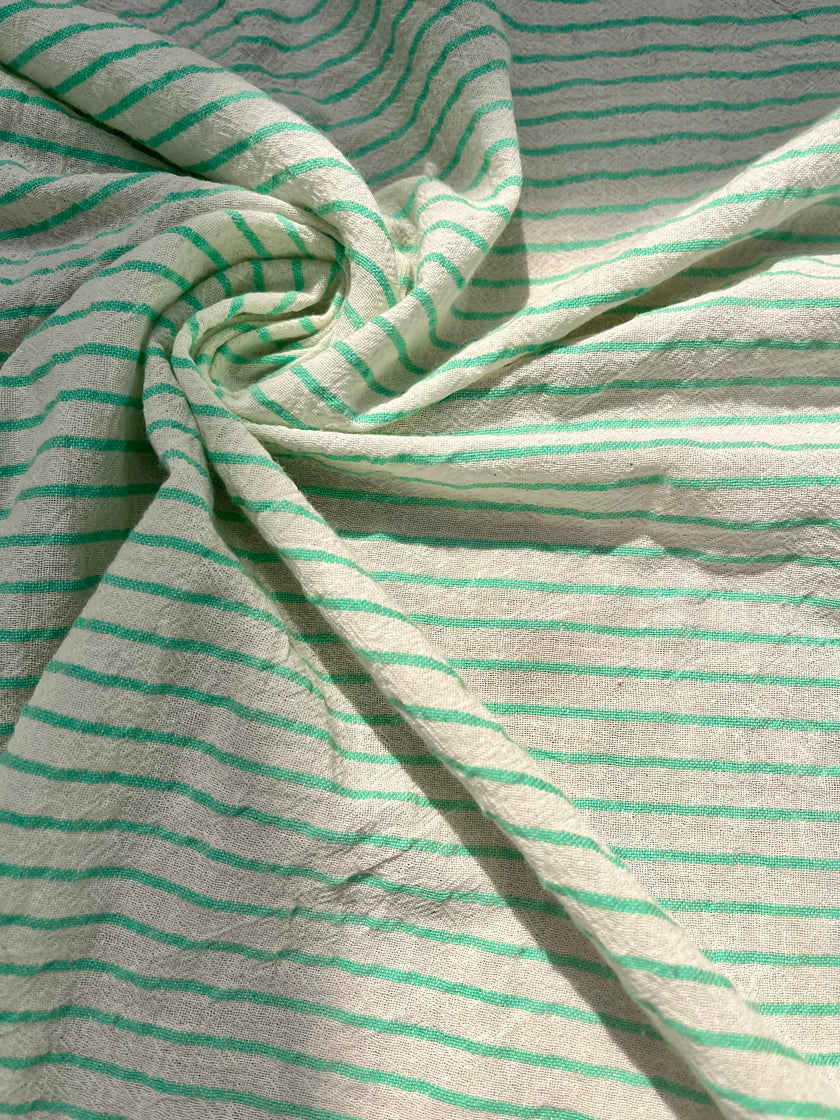 Nane Yeşili Çizgili Nötr Organik Pamuklu Kumaş Metre Fiyatı, Çizgili Buruşuk Kumaş, Geniş En.