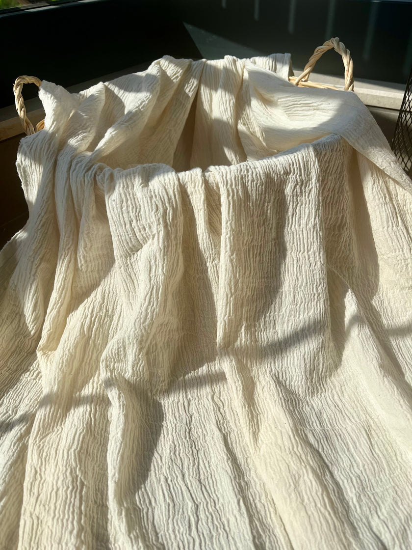 Neutral Stretchy Crinkle Cotton Fabric, Textured Surface,Off White Ivory Cotton Fabric, Light Weight.