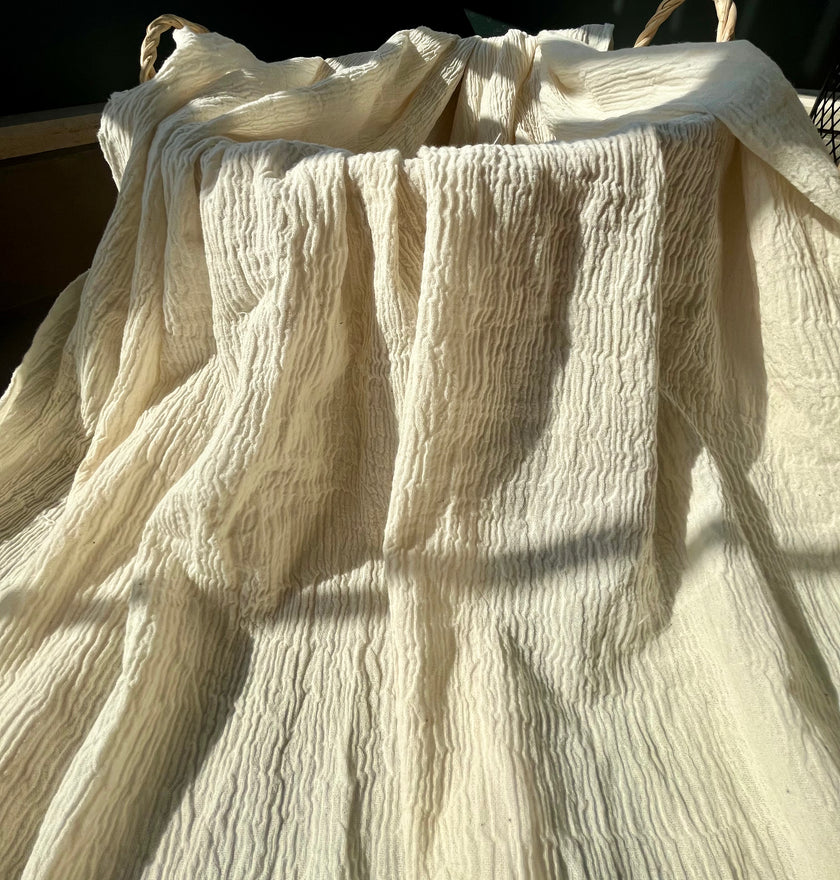 Neutral Stretchy Crinkle Cotton Fabric, Textured Surface,Off White Ivory Cotton Fabric, Light Weight.