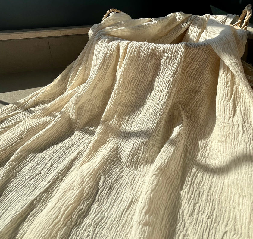 Neutral Stretchy Crinkle Cotton Fabric, Textured Surface,Off White Ivory Cotton Fabric, Light Weight.