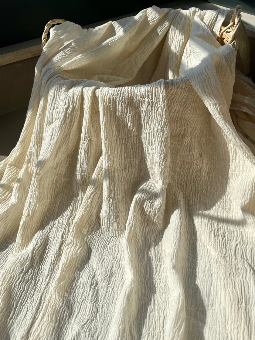 Neutral Stretchy Crinkle Cotton Fabric, Textured Surface,Off White Ivory Cotton Fabric, Light Weight.
