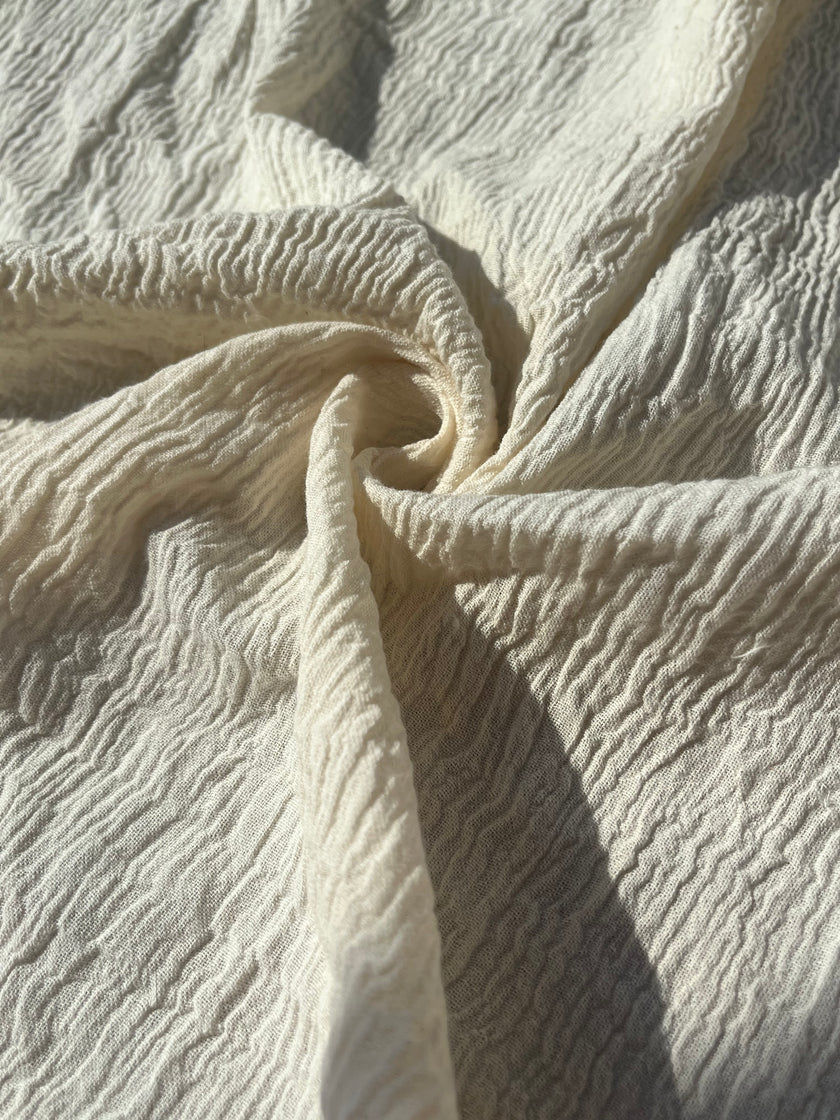 Neutral Stretchy Crinkle Cotton Fabric, Textured Surface,Off White Ivory Cotton Fabric, Light Weight.