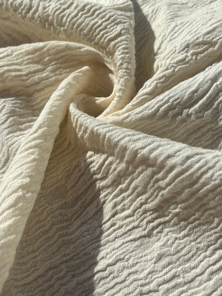 Neutral Stretchy Crinkle Cotton Fabric, Textured Surface,Off White Ivory Cotton Fabric, Light Weight.