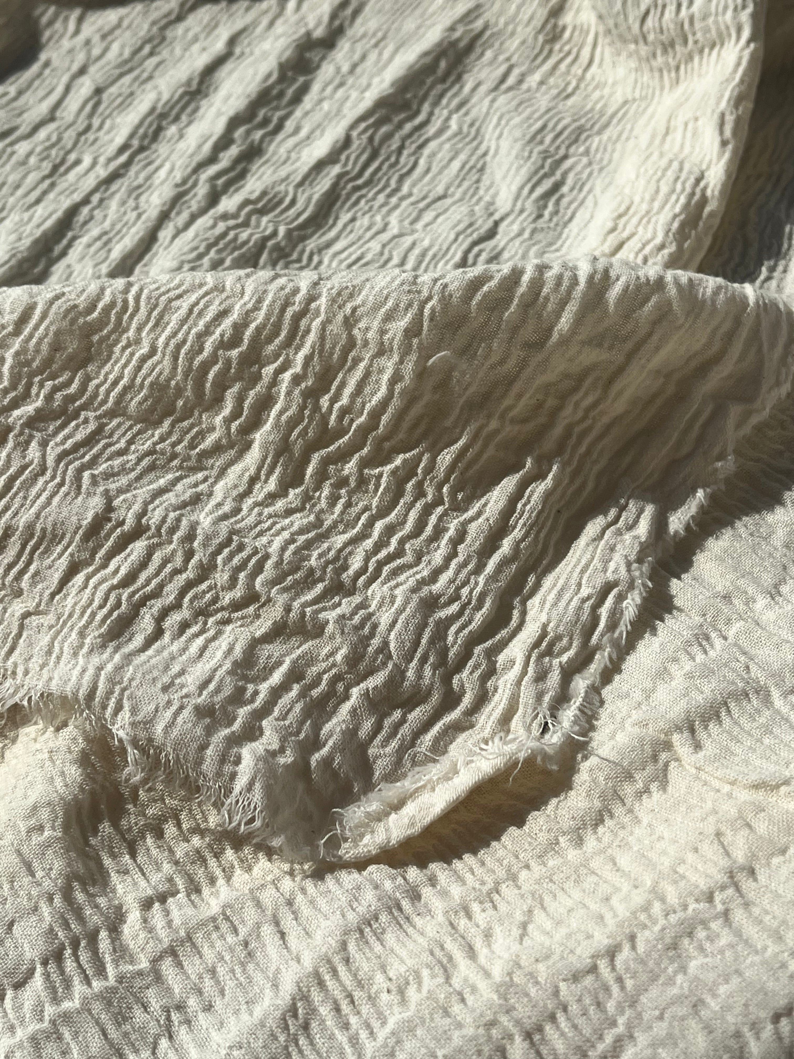 Neutral Stretchy Crinkle Cotton Fabric, Textured Surface,Off White Ivory Cotton Fabric, Light Weight.