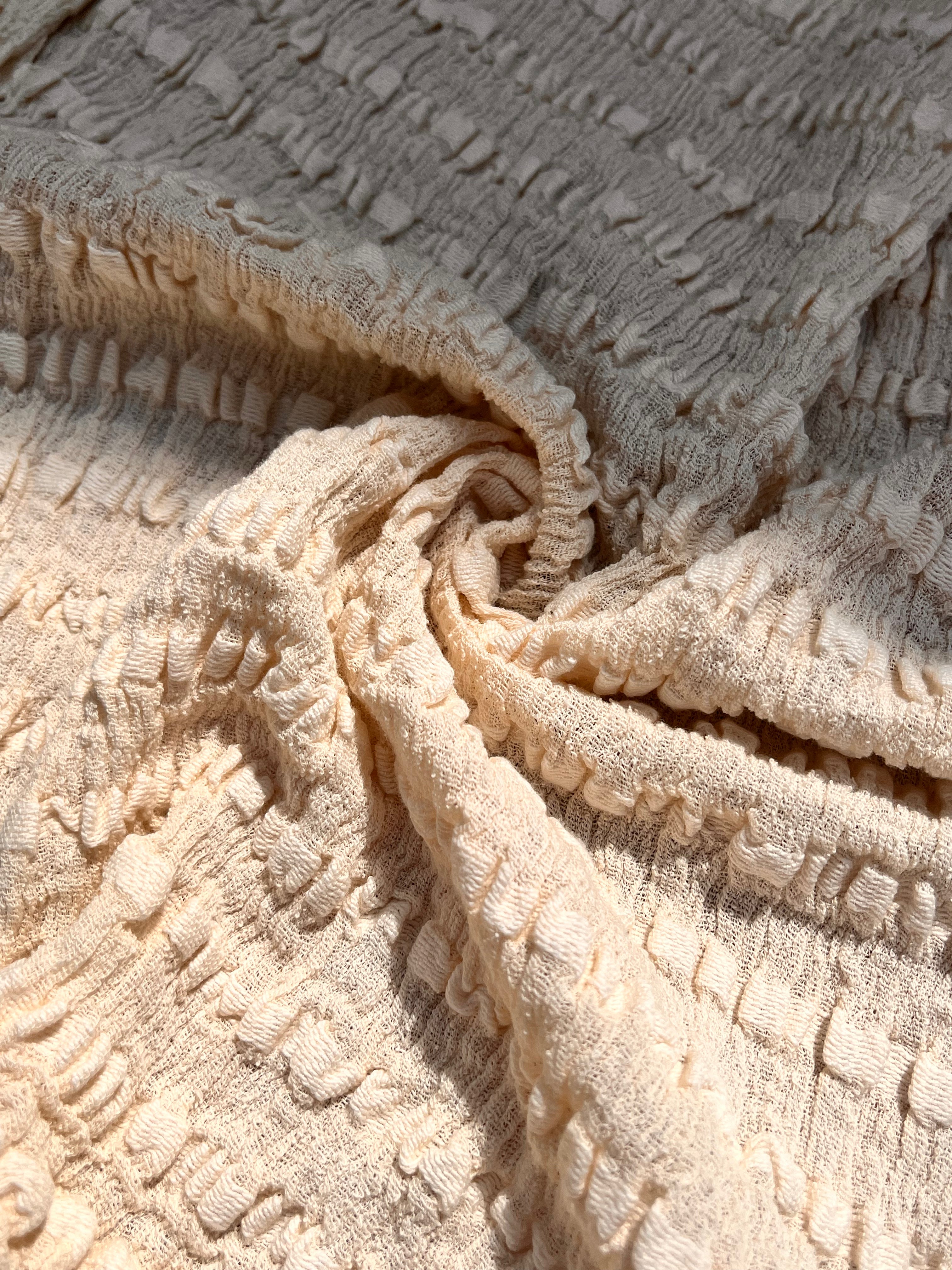 Neutral Textured Cotton Stretchy Crinkle Fabric.