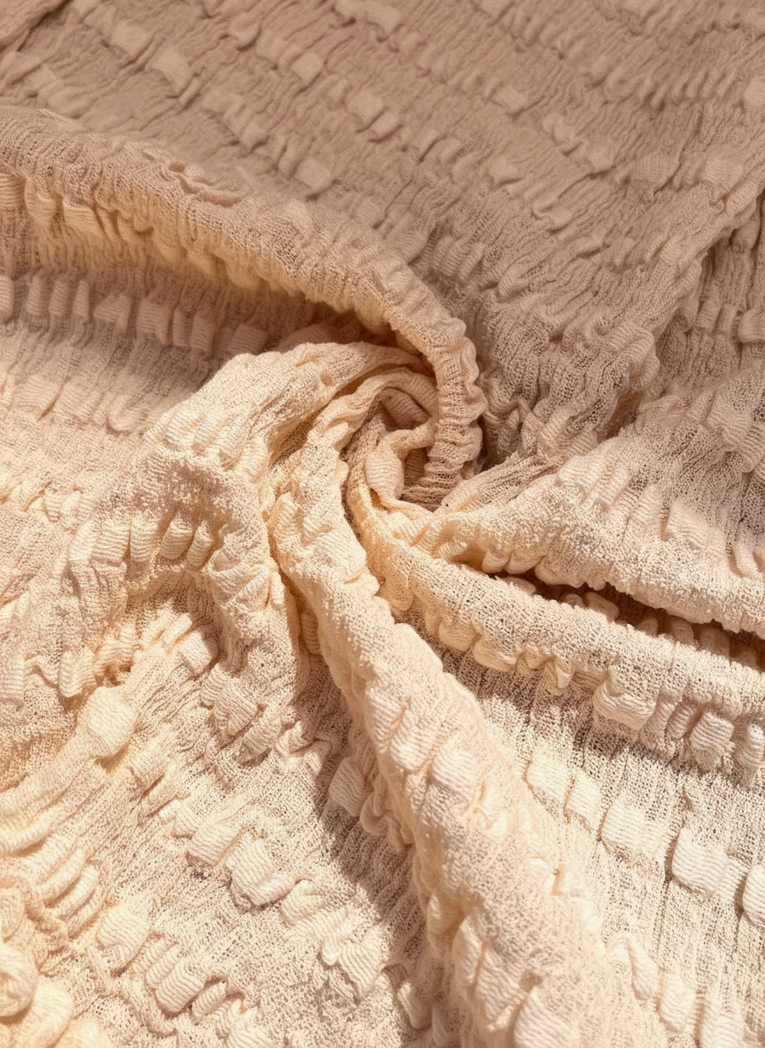 Nötr Dokulu Pamuklu Esnek Buruşuk Kumaş: Kimono Yaz Etekleri Yenidoğan Kıyafetleri İçin Benzersiz Kalite | Esnek Seçenekler, El Dokuması.