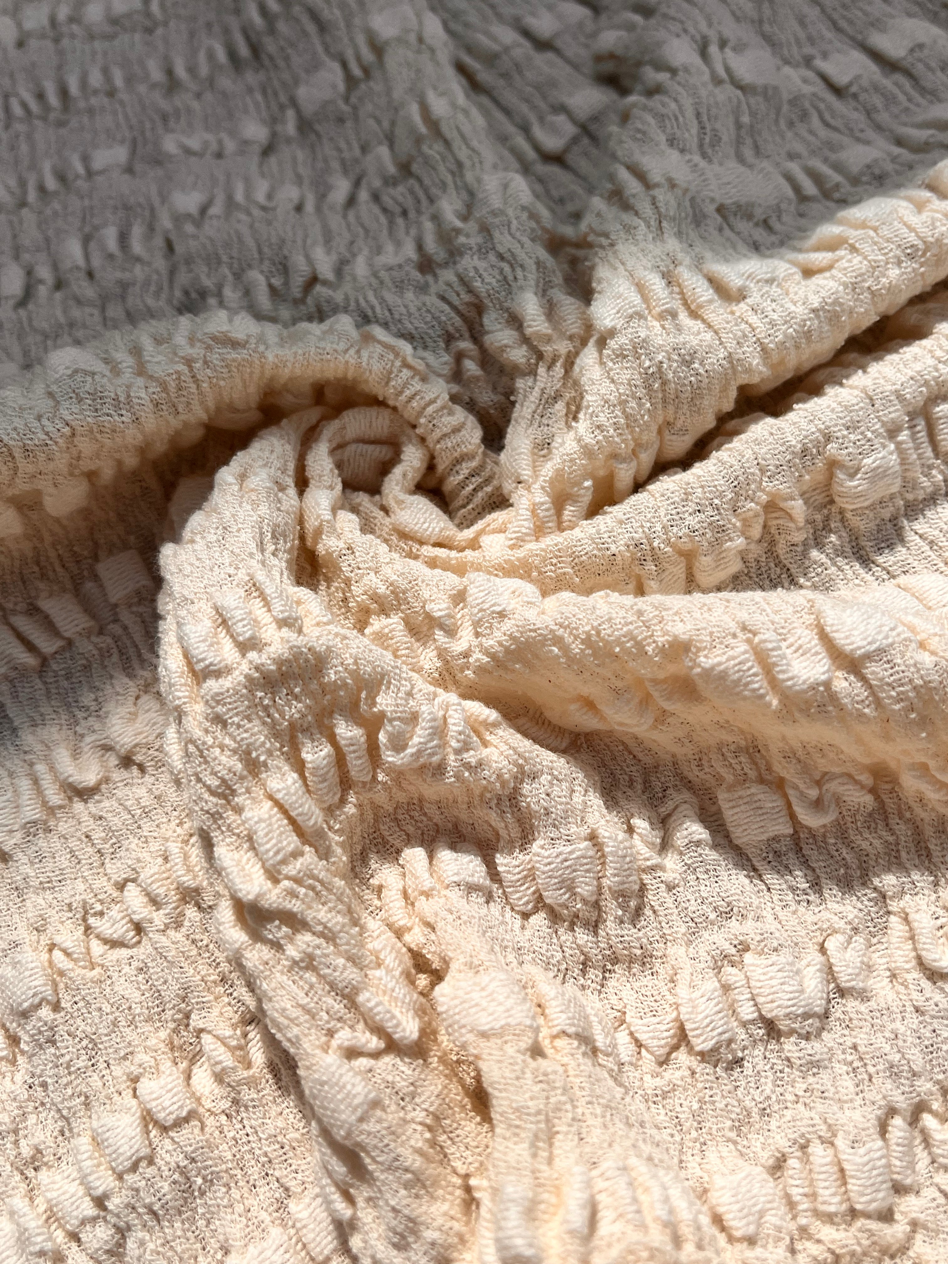 Neutral Textured Cotton Stretchy Crinkle Fabric.