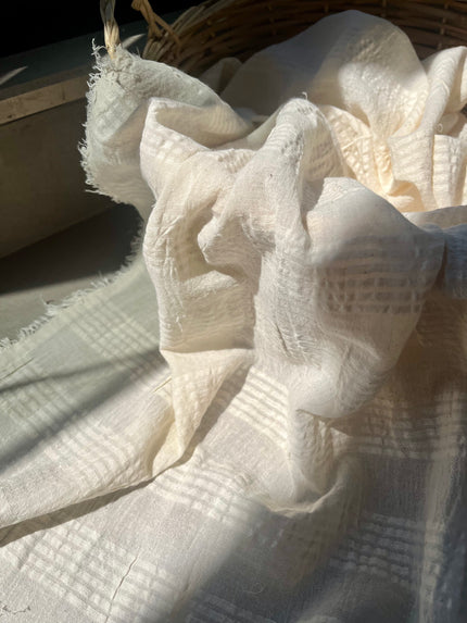 Neutral Stretchy Crinkle Cotton Fabric, Textured Surface,Off White Ivory Cotton Fabric, Light Weight.