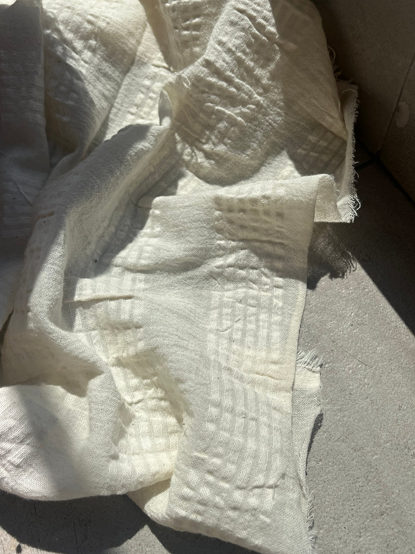 Metre Fiyatına Ağartılmamış Ekru Pamuklu Keten Kumaş, Nötr Boyanmamış İnce Çizgiler, Geniş En.