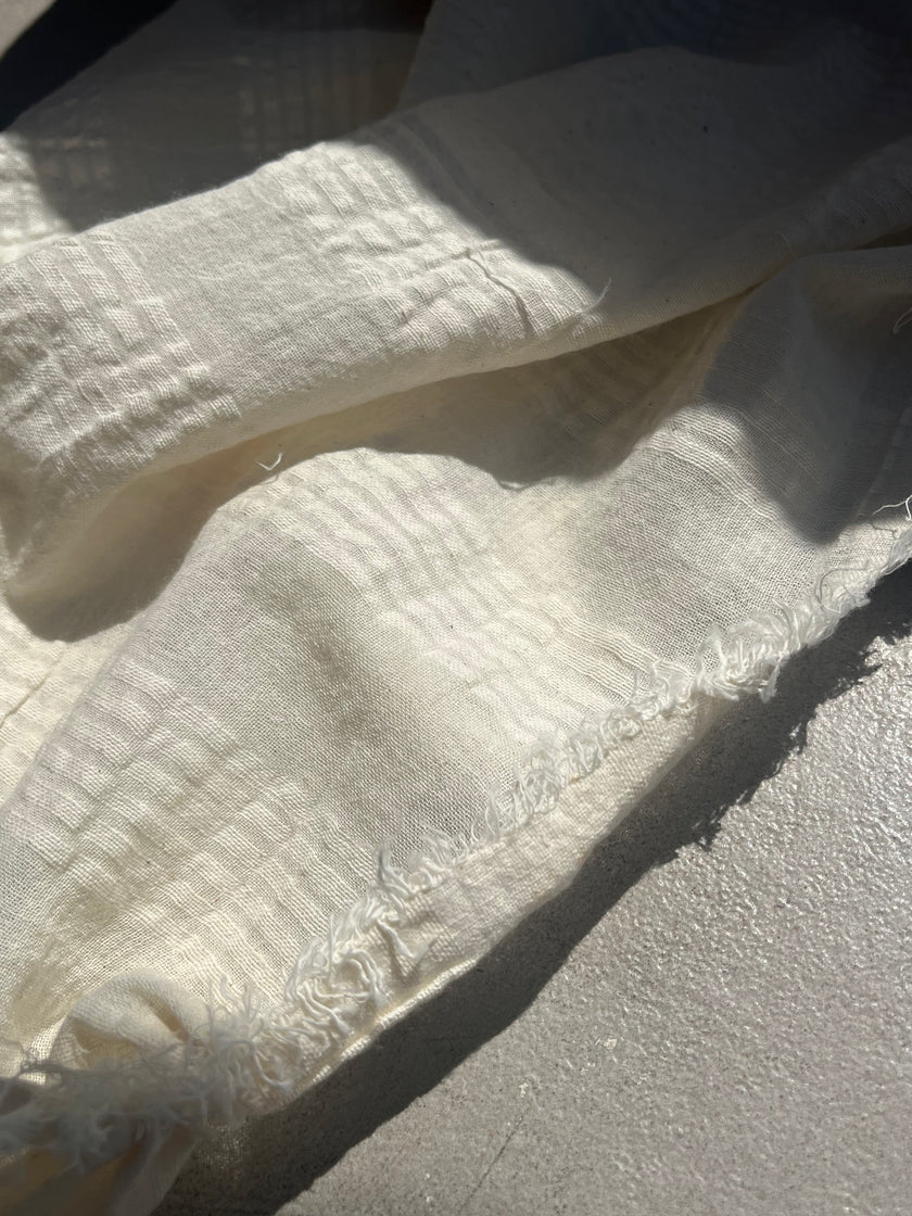 Metre Fiyatına Ağartılmamış Ekru Pamuklu Keten Kumaş, Nötr Boyanmamış İnce Çizgiler, Geniş En.