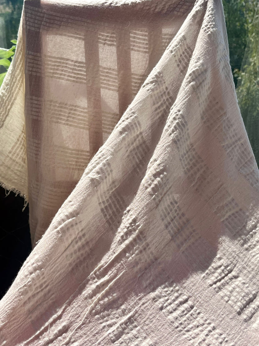 Metre Fiyatına Ağartılmamış Ekru Pamuklu Keten Kumaş, Nötr Boyanmamış İnce Çizgiler, Geniş En.