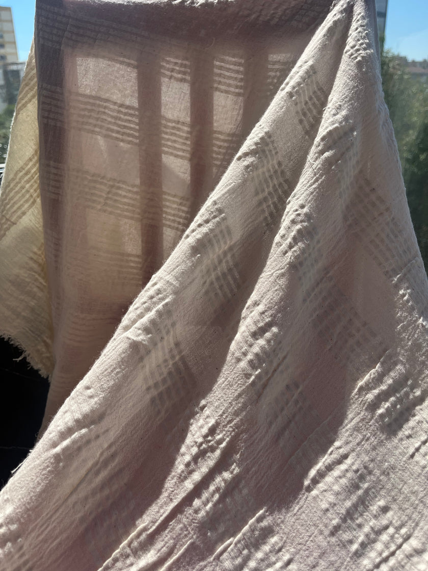 Metre Fiyatına Ağartılmamış Ekru Pamuklu Keten Kumaş, Nötr Boyanmamış İnce Çizgiler, Geniş En.