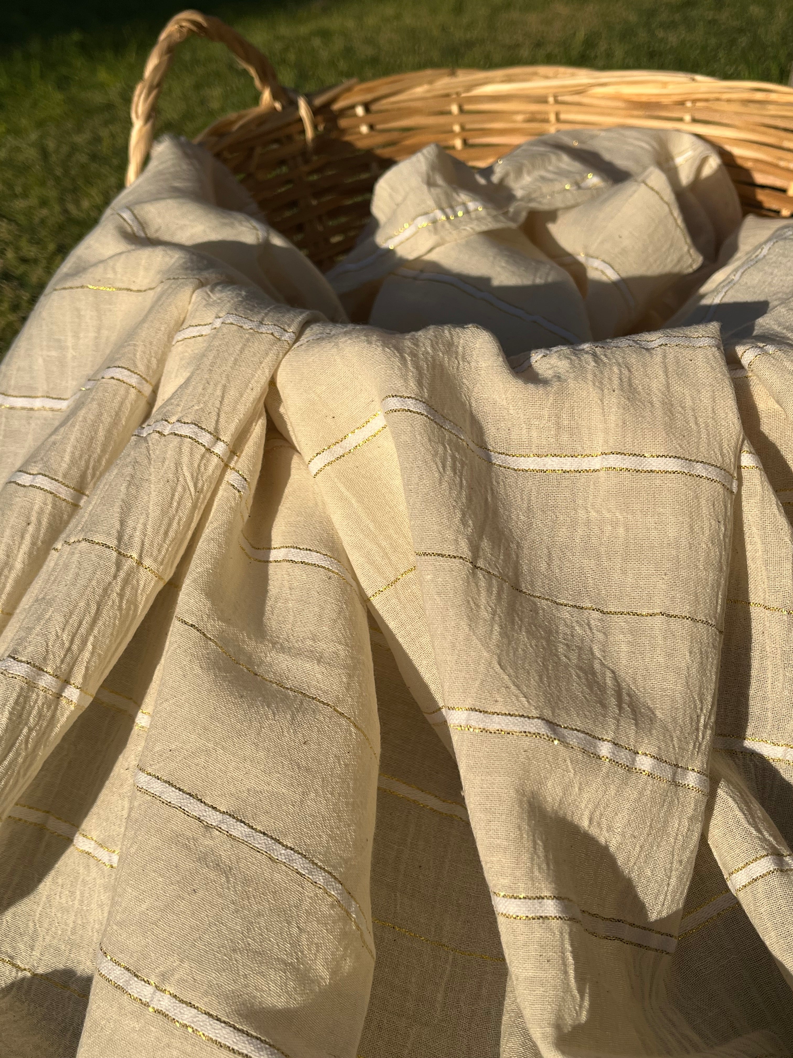 Ivory Unbleached Gauze Organic Cotton Fabric With Glitter Stripes, Silver & Gold
