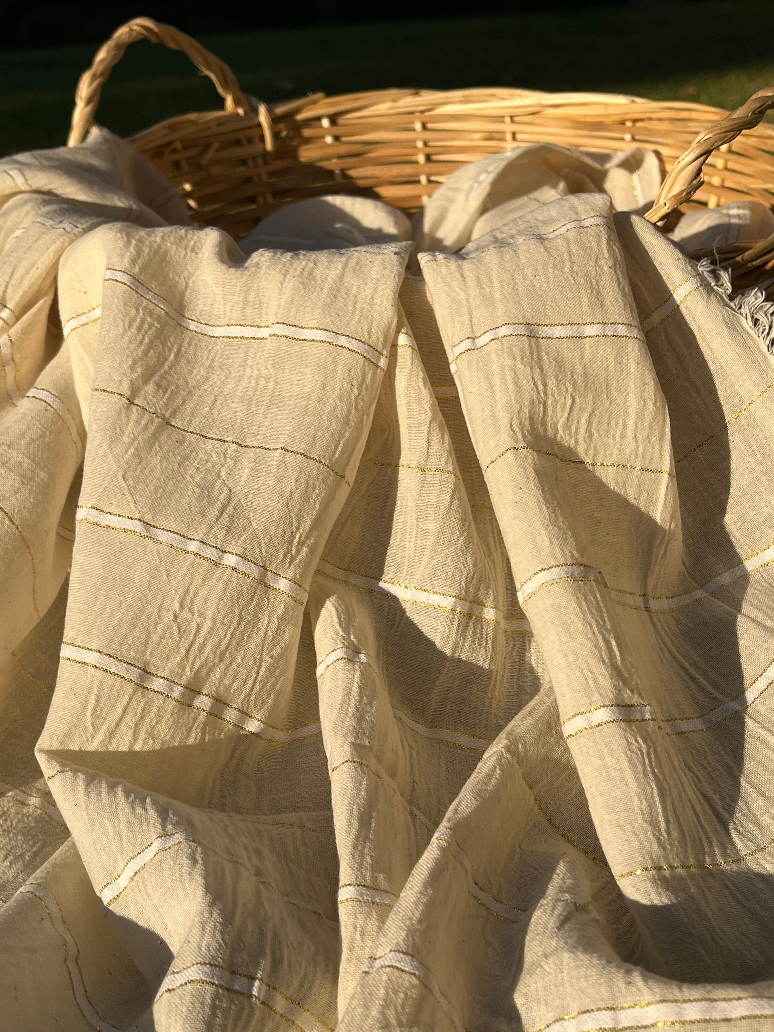 Ivory Unbleached Gauze Organic Cotton Fabric With Glitter Stripes, Silver & Gold