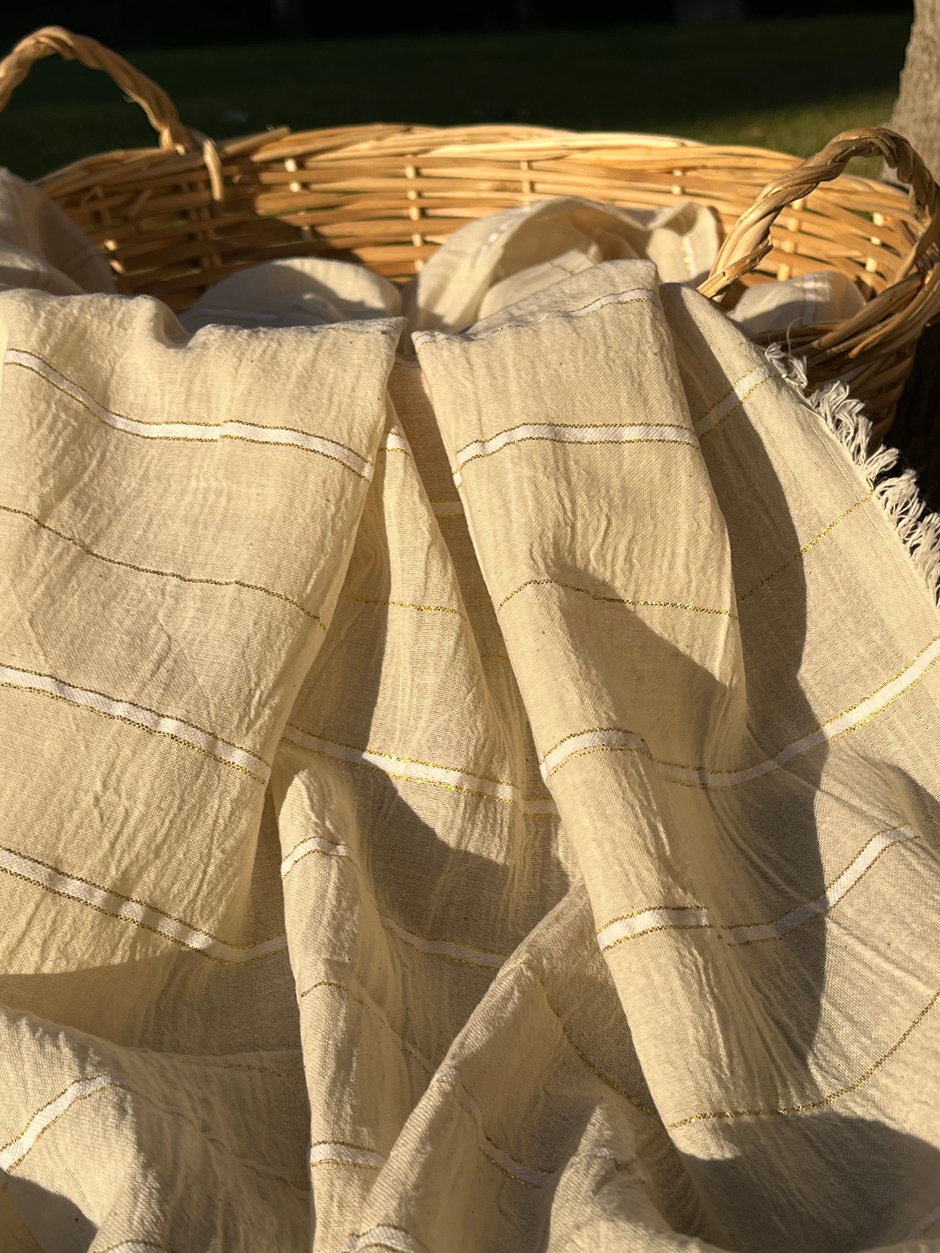 Ivory Unbleached Gauze Organic Cotton Fabric With Glitter Stripes, Silver & Gold