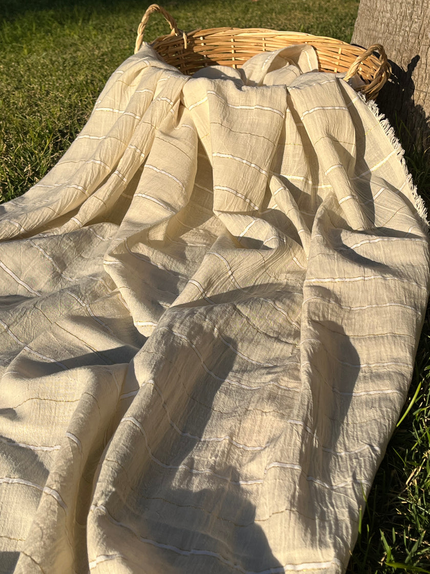 Metre ile Fildişi Ağartılmamış Nötr Organik Pamuklu Kumaş, Buruşuk Kumaş, Geniş En.