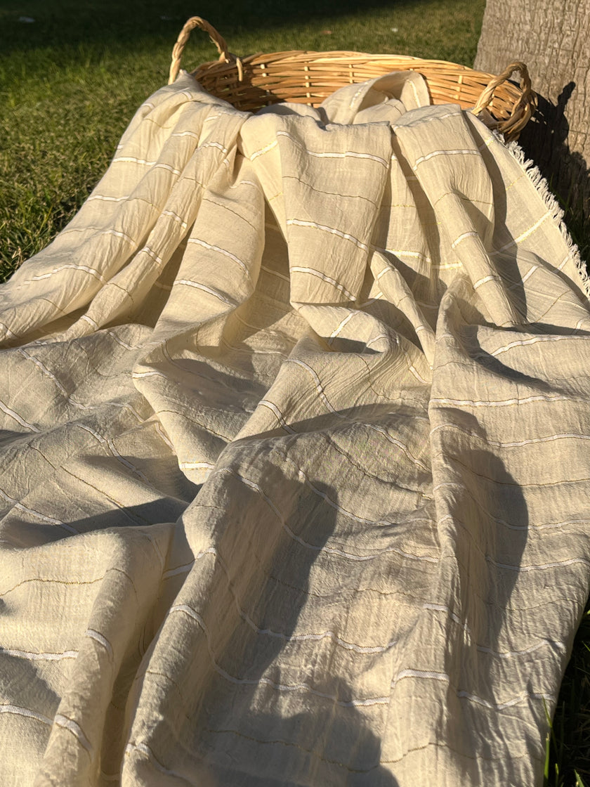 Metre ile Fildişi Ağartılmamış Nötr Organik Pamuklu Kumaş, Buruşuk Kumaş, Geniş En.