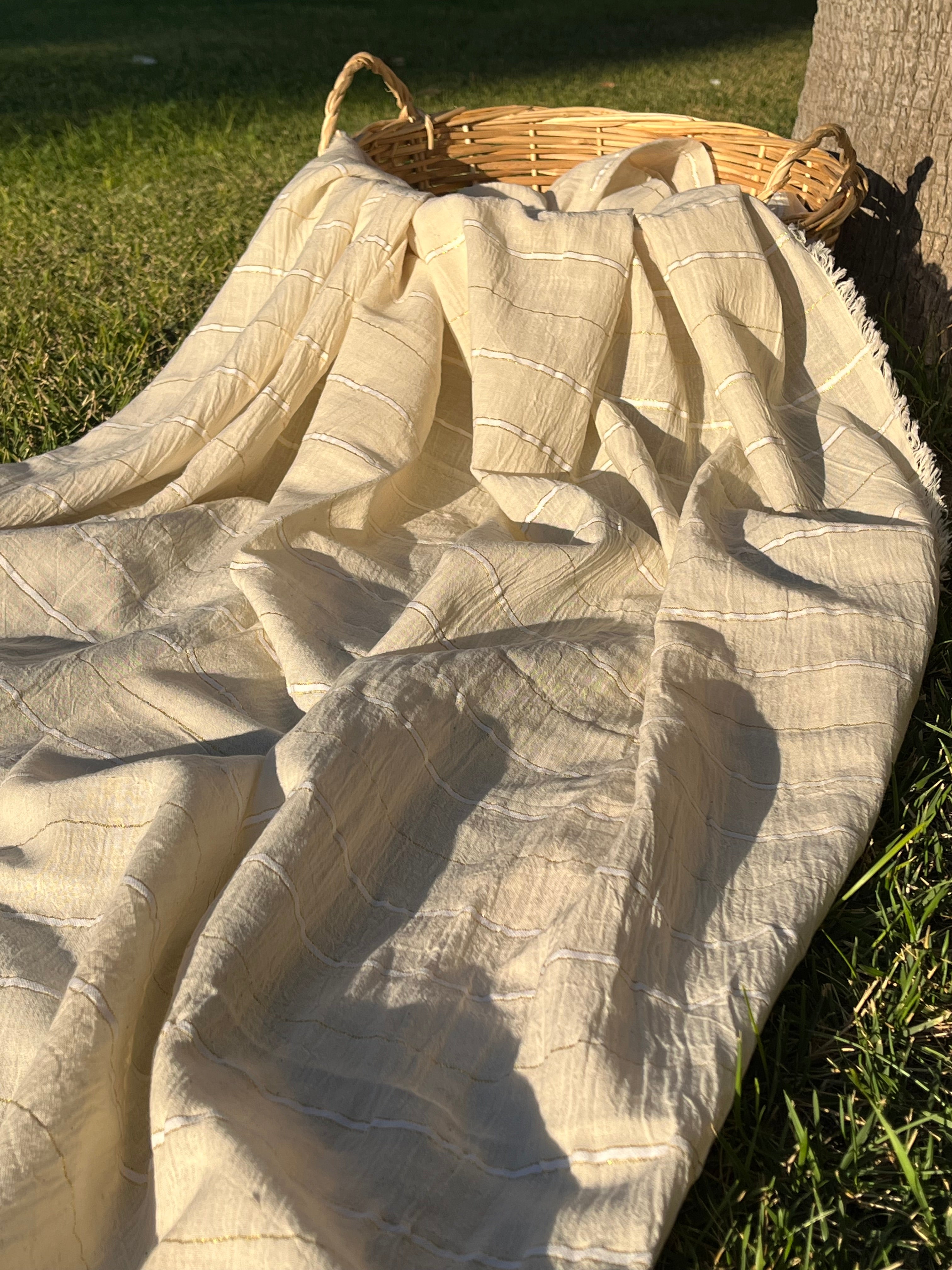 Ivory Unbleached Gauze Organic Cotton Fabric With Glitter Stripes, Silver & Gold