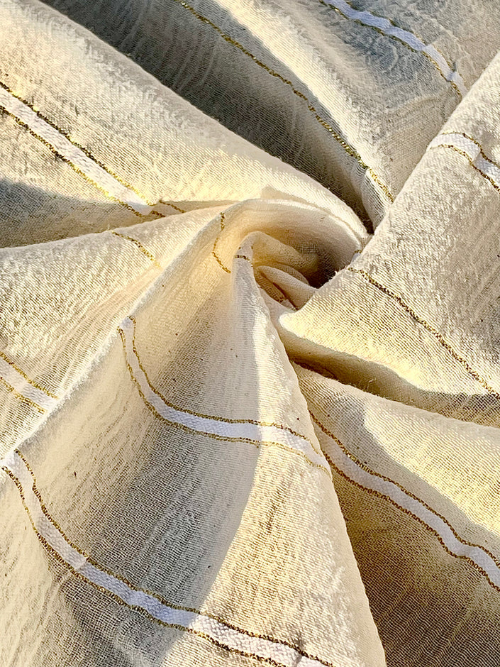 Ivory Unbleached Gauze Organic Cotton Fabric With Glitter Stripes, Silver & Gold