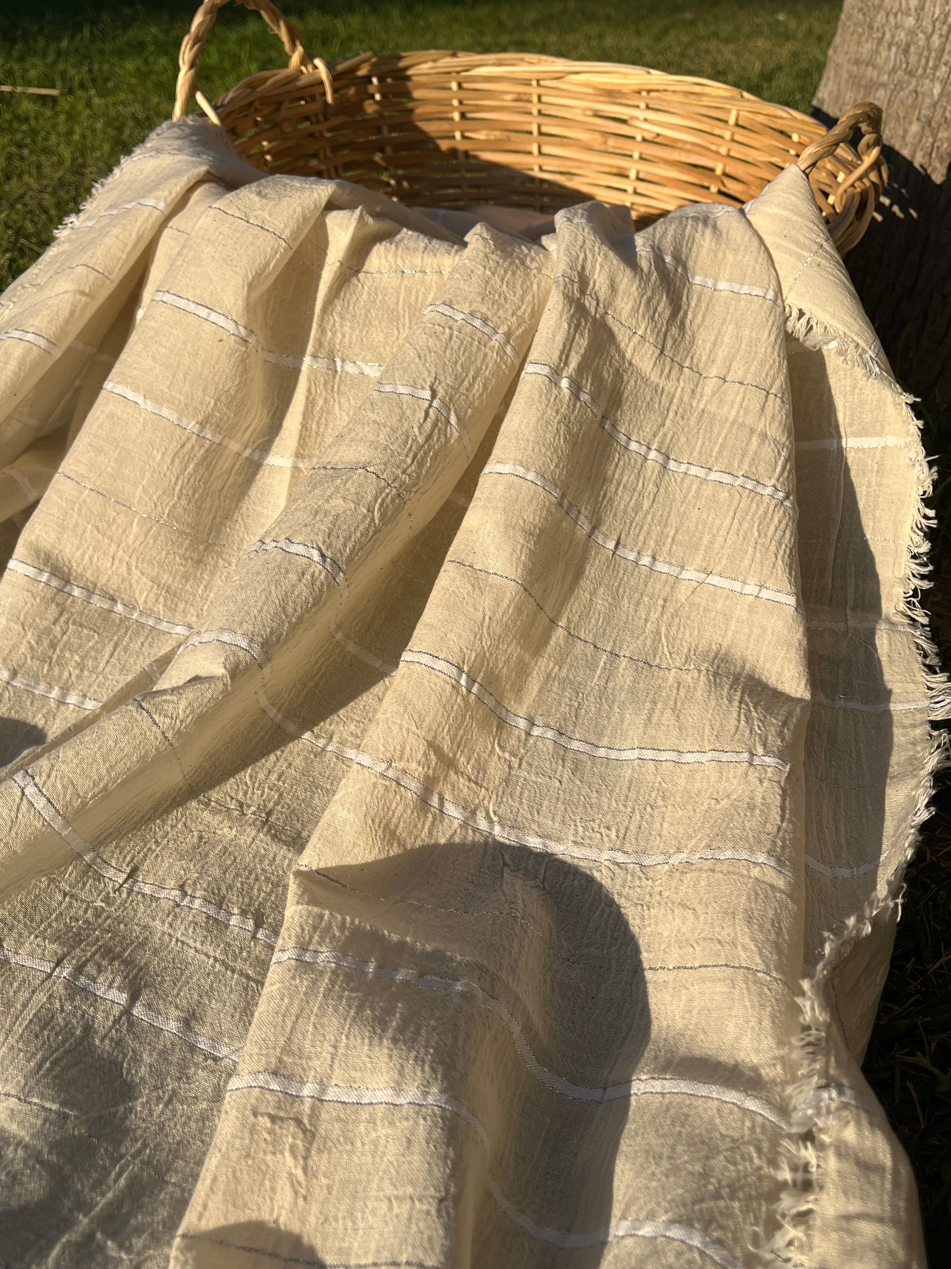 Ivory Unbleached Gauze Organic Cotton Fabric With Glitter Stripes, Silver & Gold