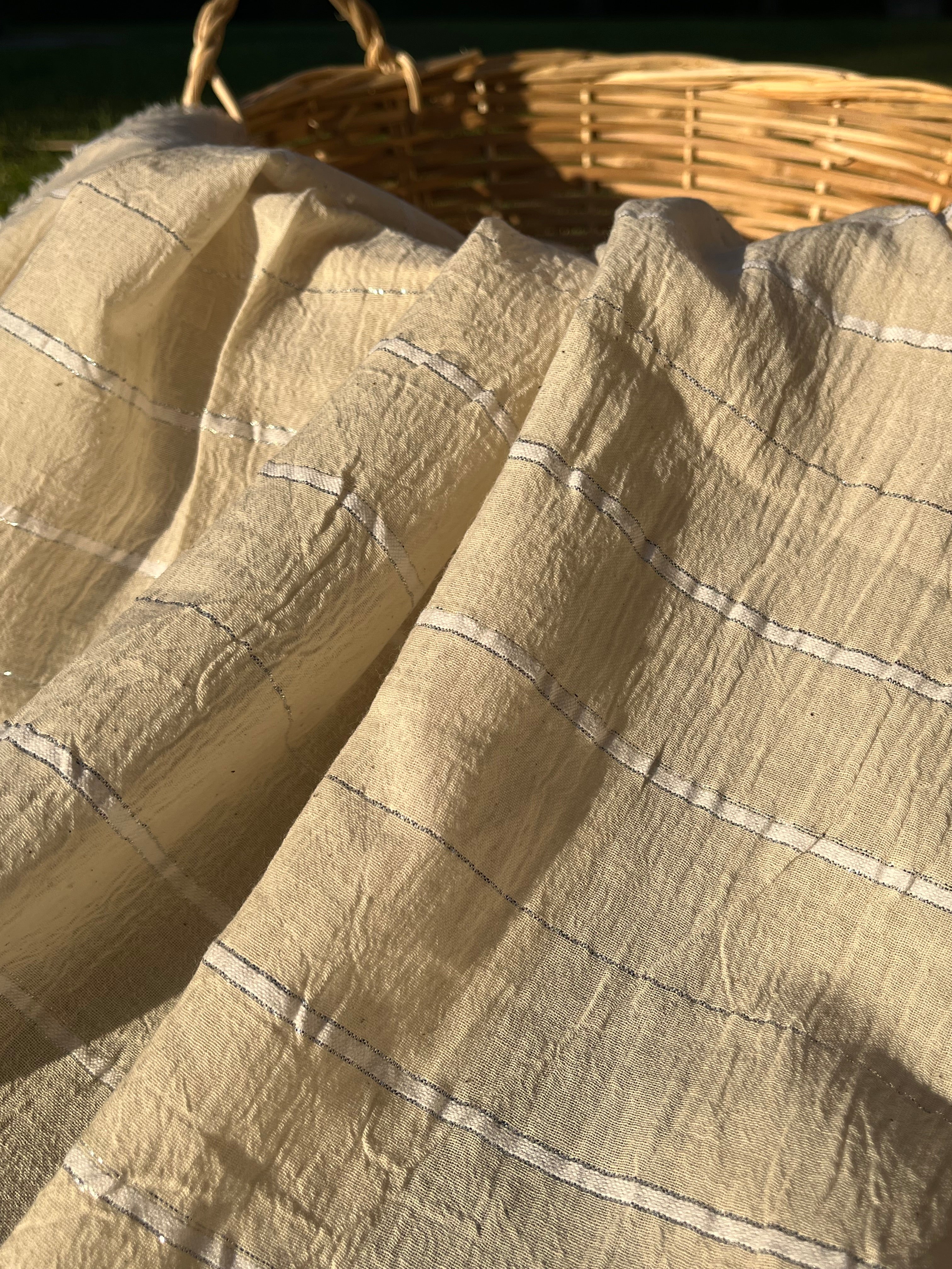 Ivory Unbleached Gauze Organic Cotton Fabric With Glitter Stripes, Silver & Gold