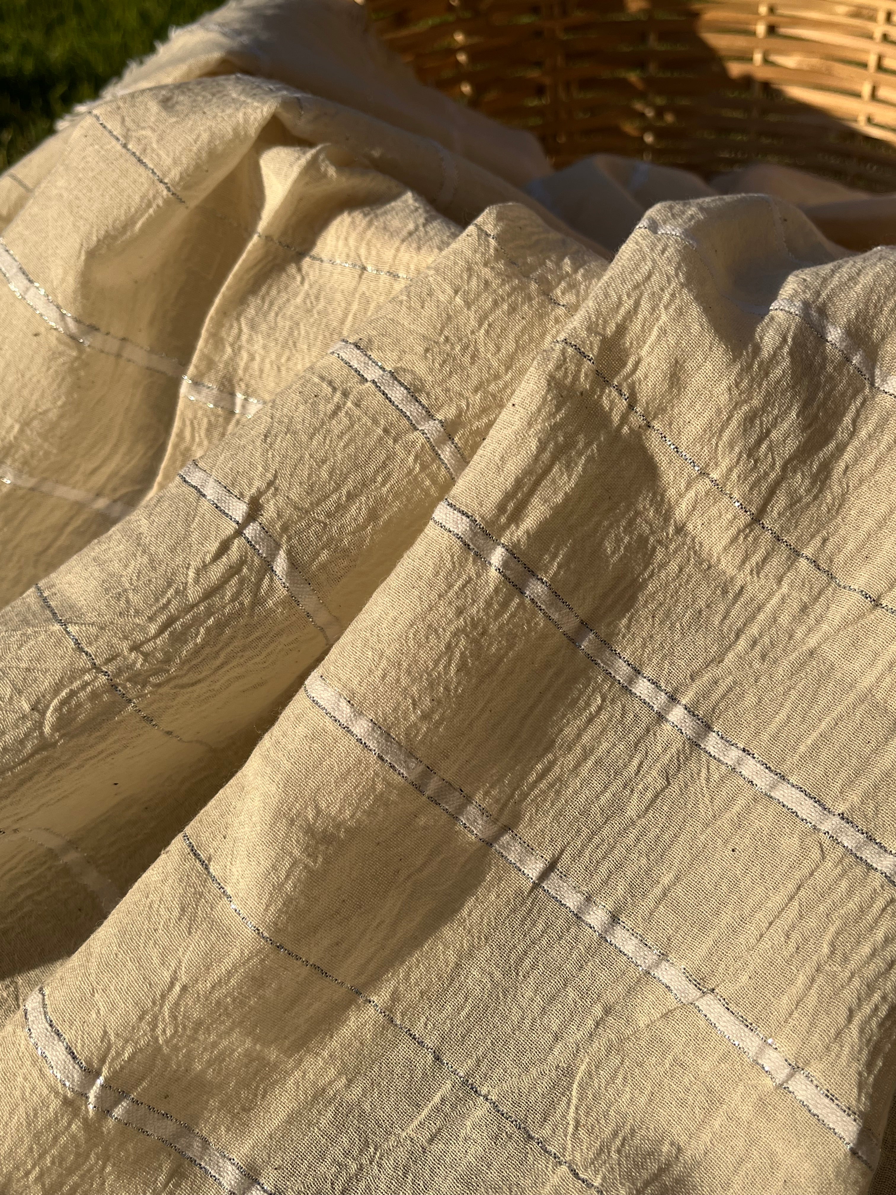 Ivory Unbleached Gauze Organic Cotton Fabric With Glitter Stripes, Silver & Gold